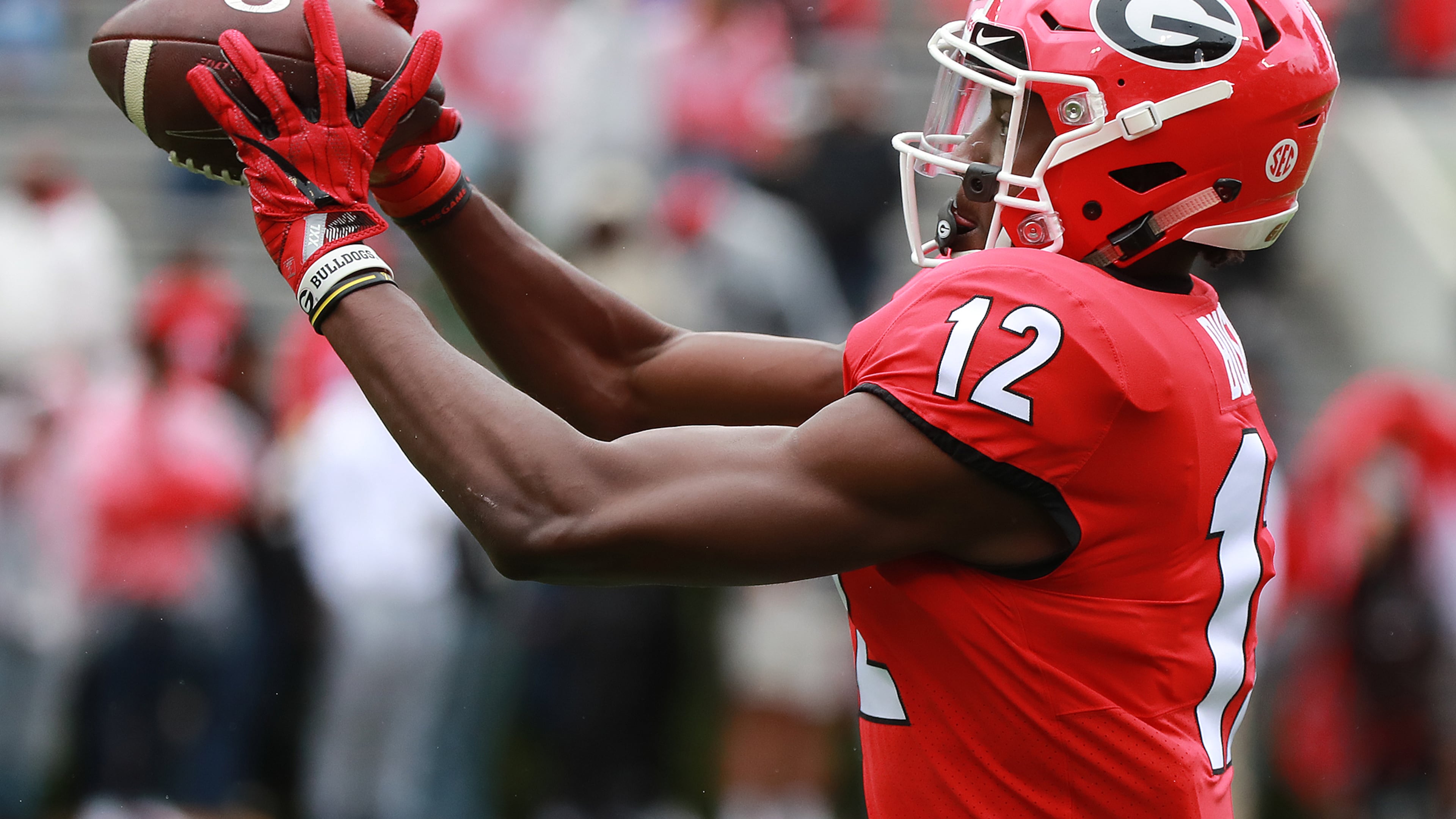 Georgia wide receiver Tommy Bush catches a pass during the annual G-Day football game on Saturday, April 20, 2019, in Athens. Curtis Compton/ccompton@ajc.com