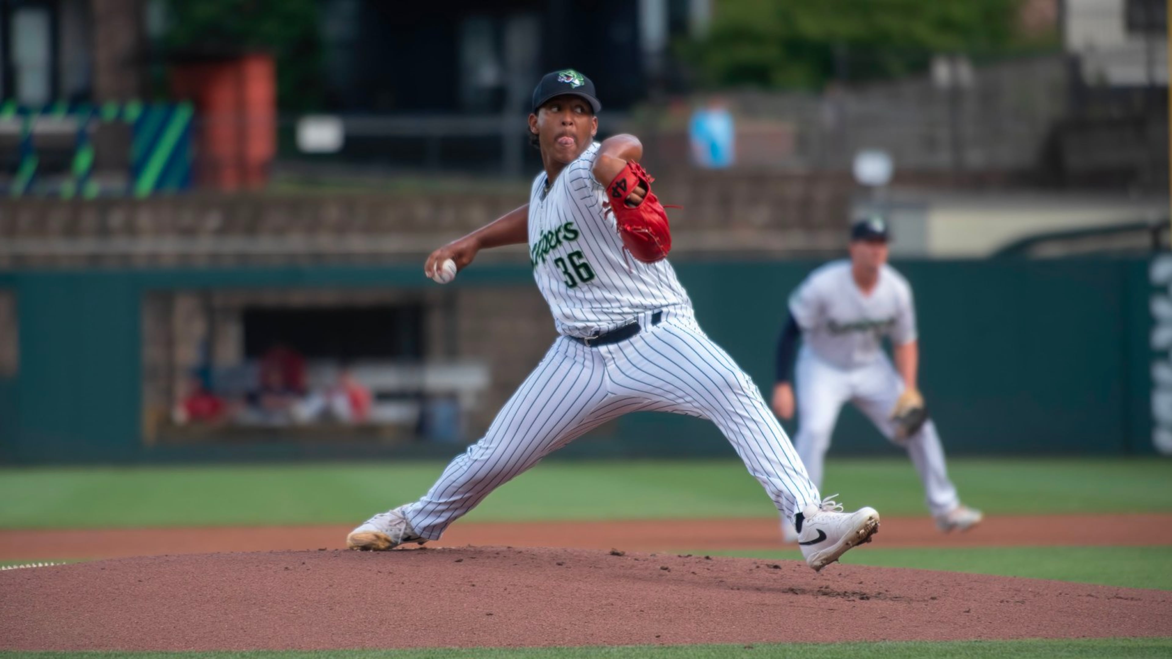 Braves prospect Didier Fuentes throws during his June 14 debut with Triple-A Gwinnett.