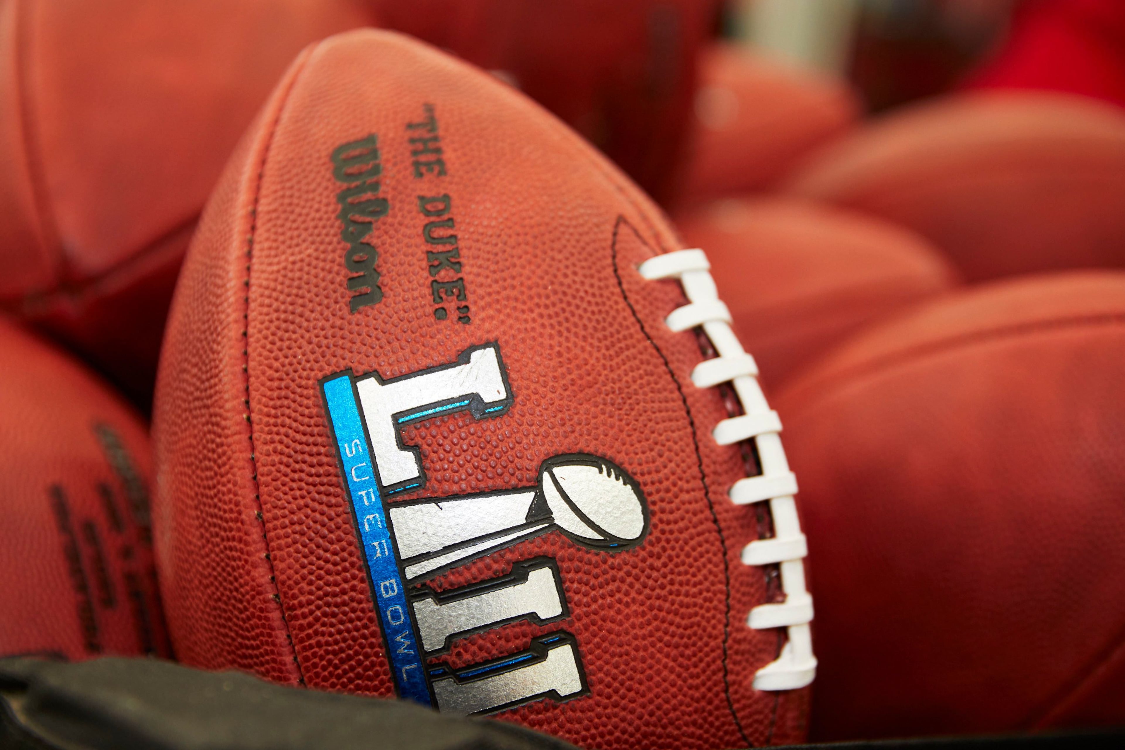 Official balls for the NFL Super Bowl LII football game are seen at the Wilson Sporting Goods Co. in Ada, Ohio, Monday, Jan. 22, 2018. The New England Patriots will play the Philadelphia Eagles in the Super Bowl on Feb. 4, in Minneapolis, MN. (AP Photo/Rick Osentoski)