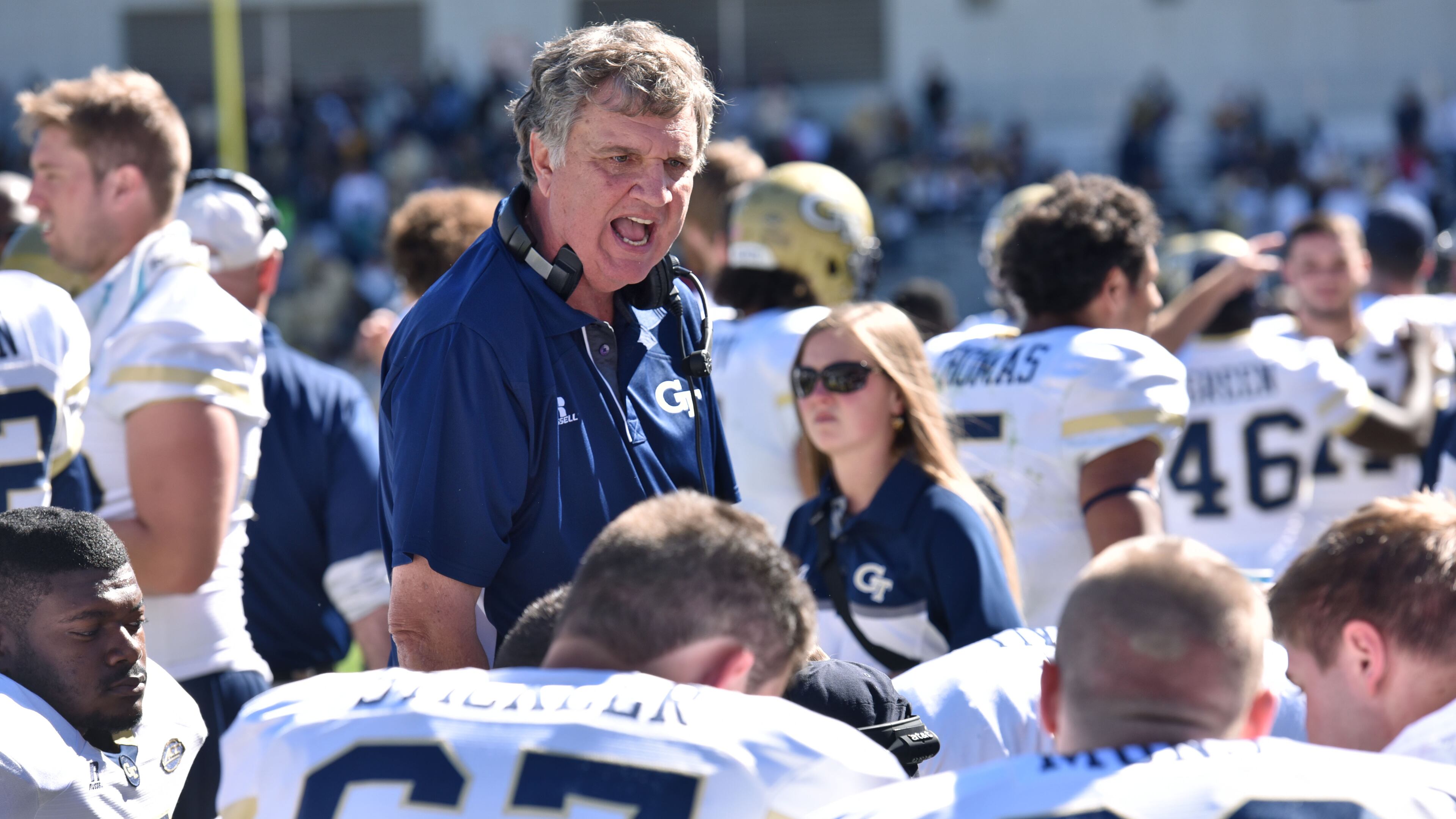 Georgia Tech coach Paul Johnson instructs in the second half at Bobby Dodd Stadium on Saturday, October 17, 2015. Pittsburgh won 31-28 over the Yellow Jackets. HYOSUB SHIN / HSHIN@AJC.COM