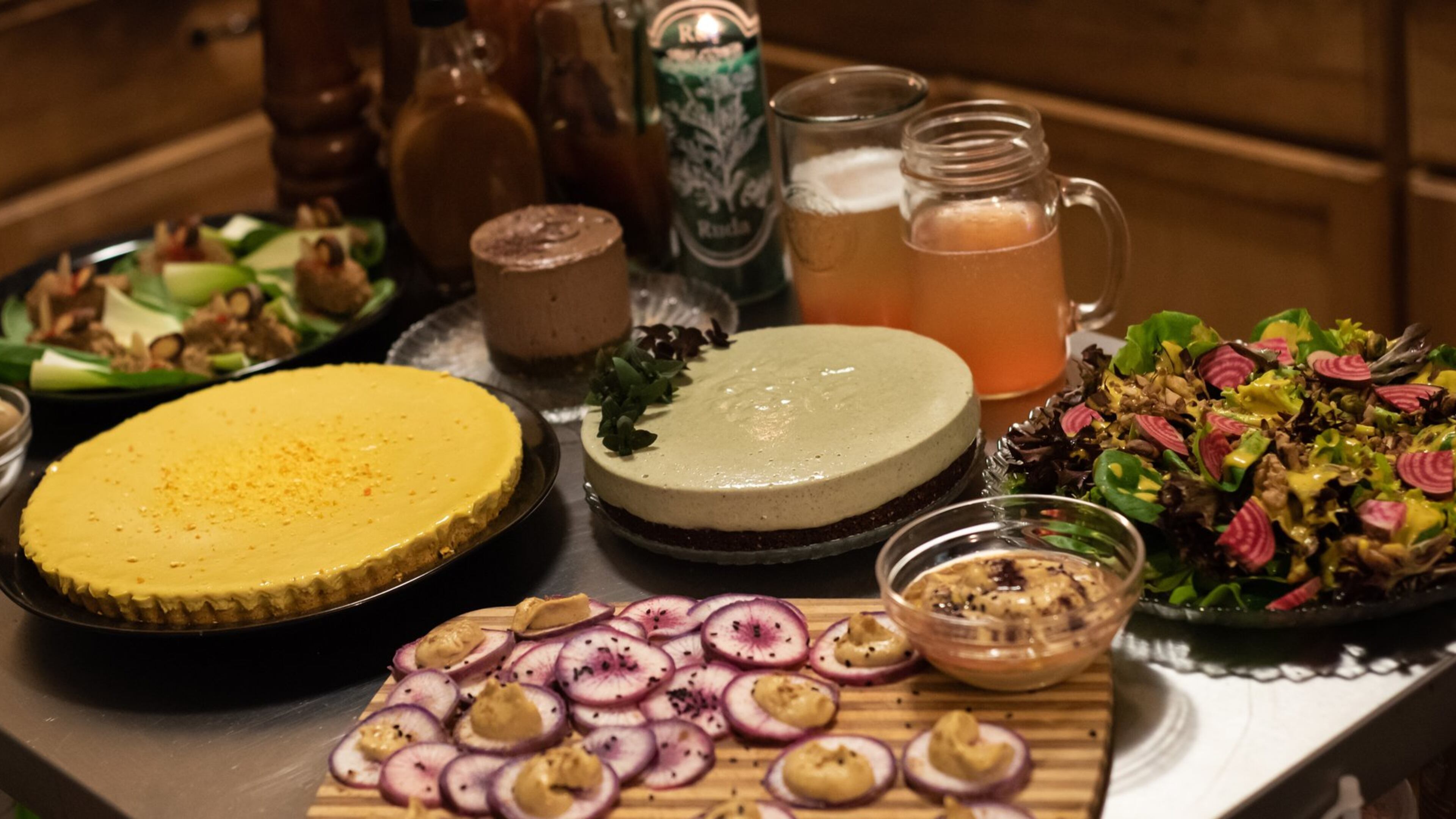 This spread of dishes from Mercedes Melendez includes smokey carrot pate served on bok choy, daikon radish with crema piquant, and winter salad topped with miso salad dressing and Chioggia beets. CONTRIBUTED BY REBECCA PRUETT PHOTOGRAPHY