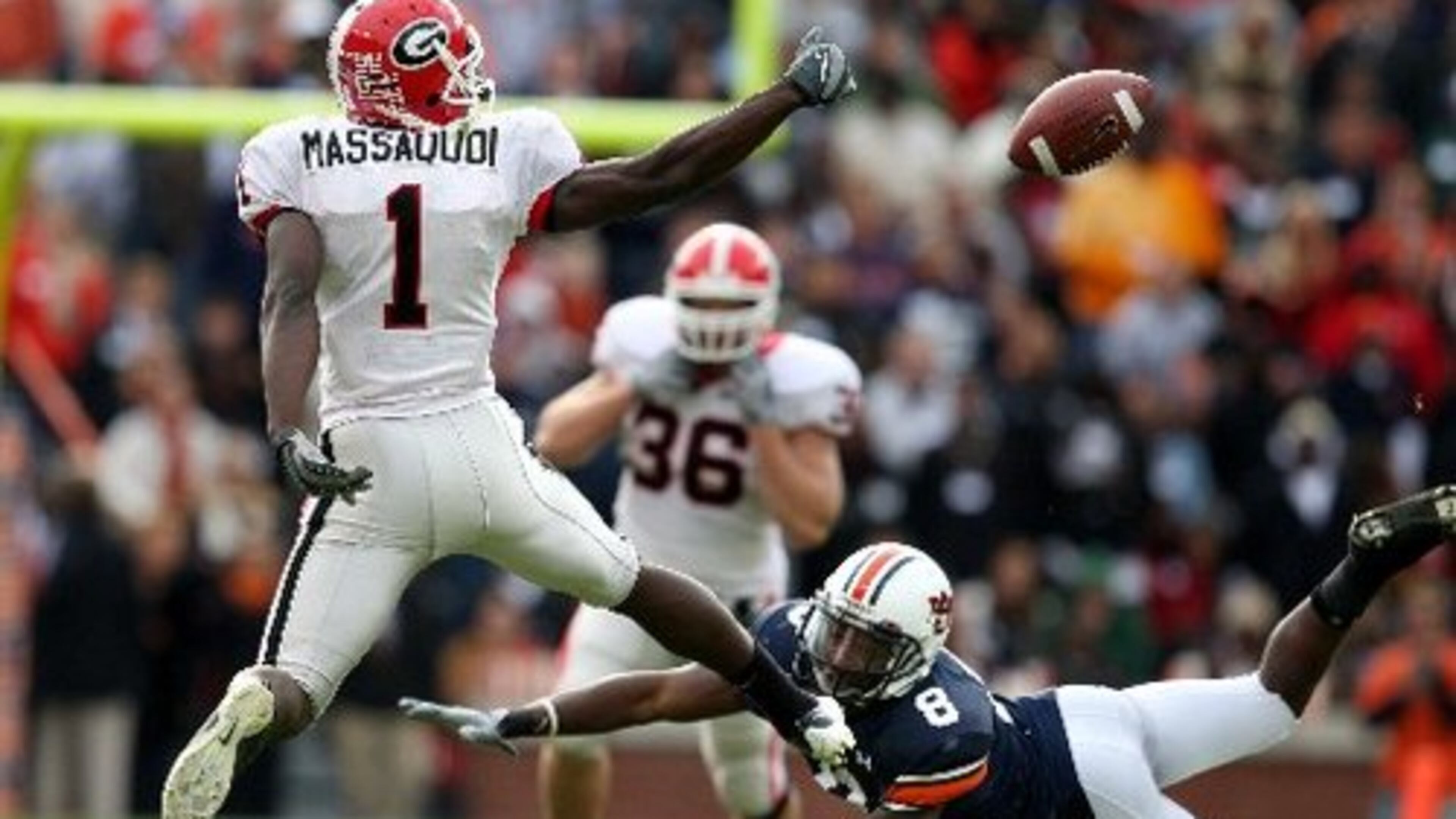 Mohamed Massaquoi can't reach back to grab a pass in the fourth quarter. Auburn's Jerraud Powers was called for a controversial pass interference call on the play, helping UGA continue its drive. The Bulldogs eventually scored a TD to take a 17-13 lead.