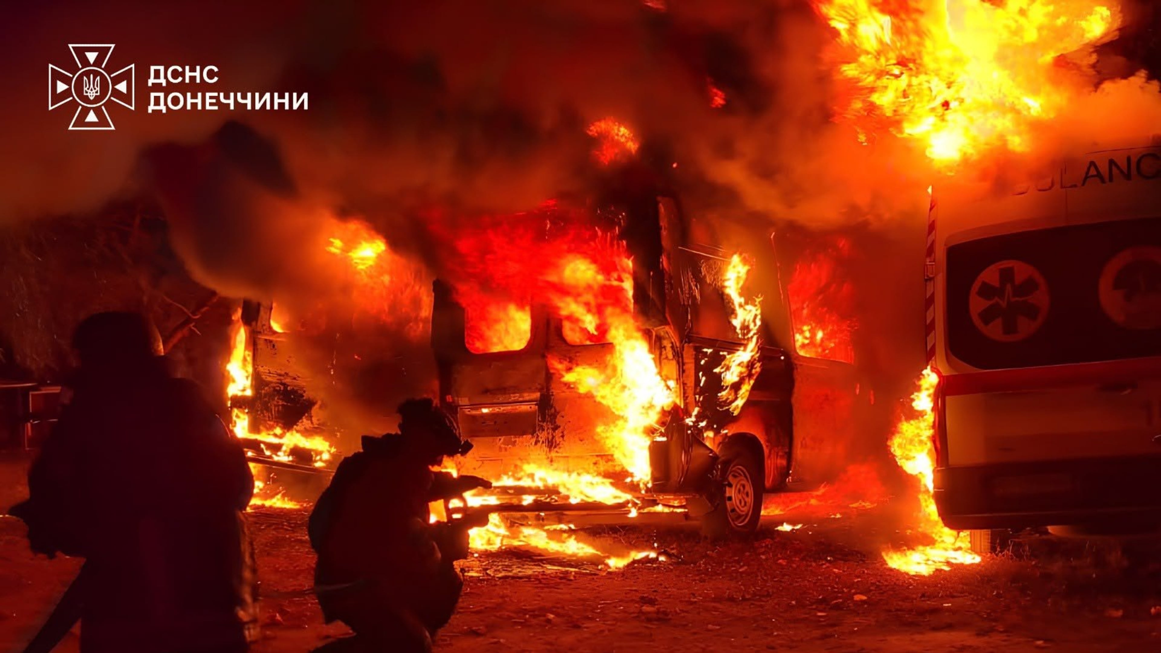 In this photo provided by the Ukrainian Emergency Services on Tuesday, Oct. 6, 2026, rescue workers put out a fire of ambulances after a Russian strike on a medical facility of Kramatorsk, Ukraine. (Ukrainian Emergency Service via AP)