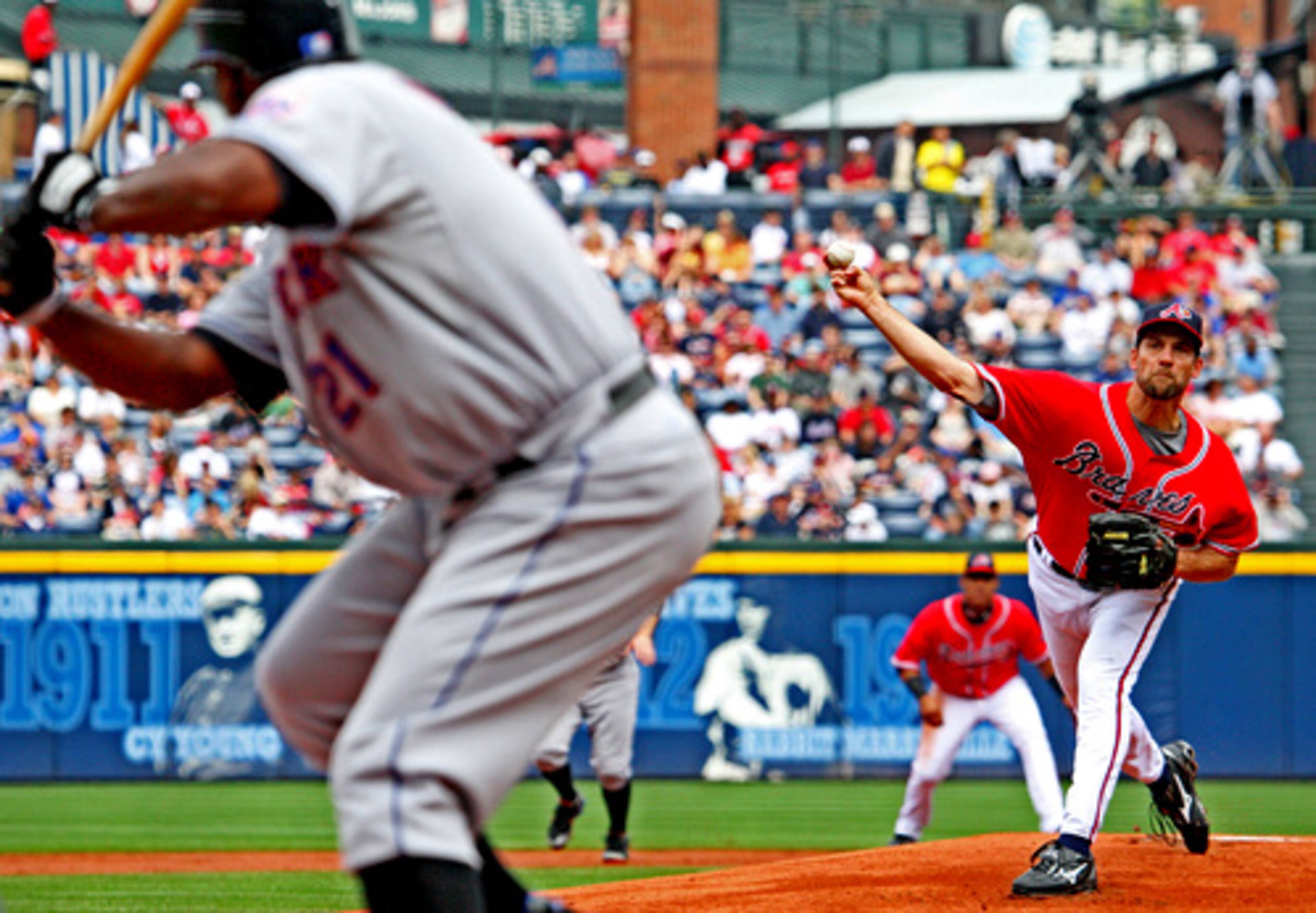 Braves pitcher John Smoltz made his first start of season Sunday at Turner Field. He threw 78 pitches in five innings of shoutout baseball. Smoltz (1-0) allowed only two hits and two walks against East division rivals the New York Mets.
