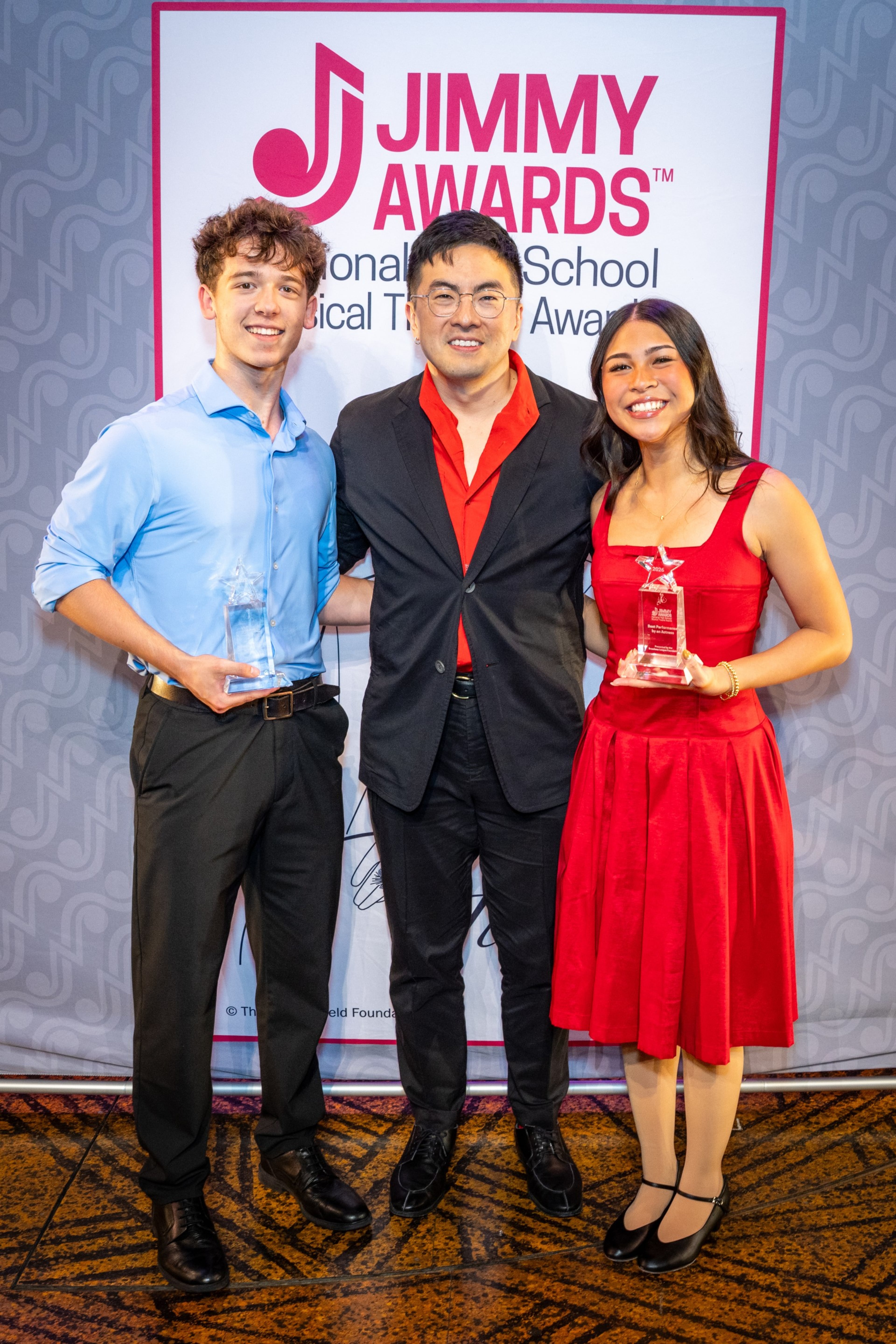 Best Actor winner Jake James (left) of Milton is joined by Jimmy Awards host Bowen Yang (center) and Best Actress winner Samia Posadas of Tucson, Arizona, at Broadway’s Minskoff Theatre. (Courtesy of Tricia Baron/the Jimmy Awards)