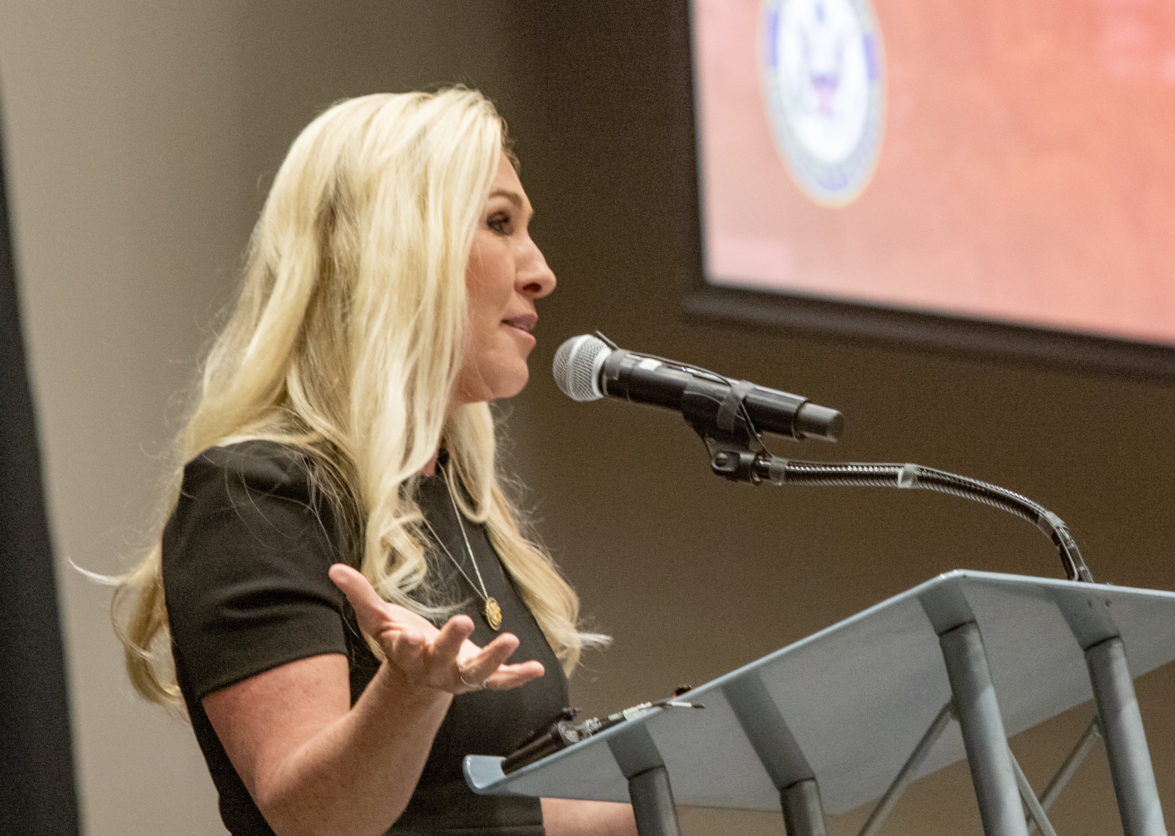 Marjorie Taylor Greene holds a town hall at the Acworth Community Center on Tuesday, April 15, 2025. Protesters lined the street outside and disrupted the meeting multiple times. (Jenni Girtman for The Atlanta Journal-Constitution)