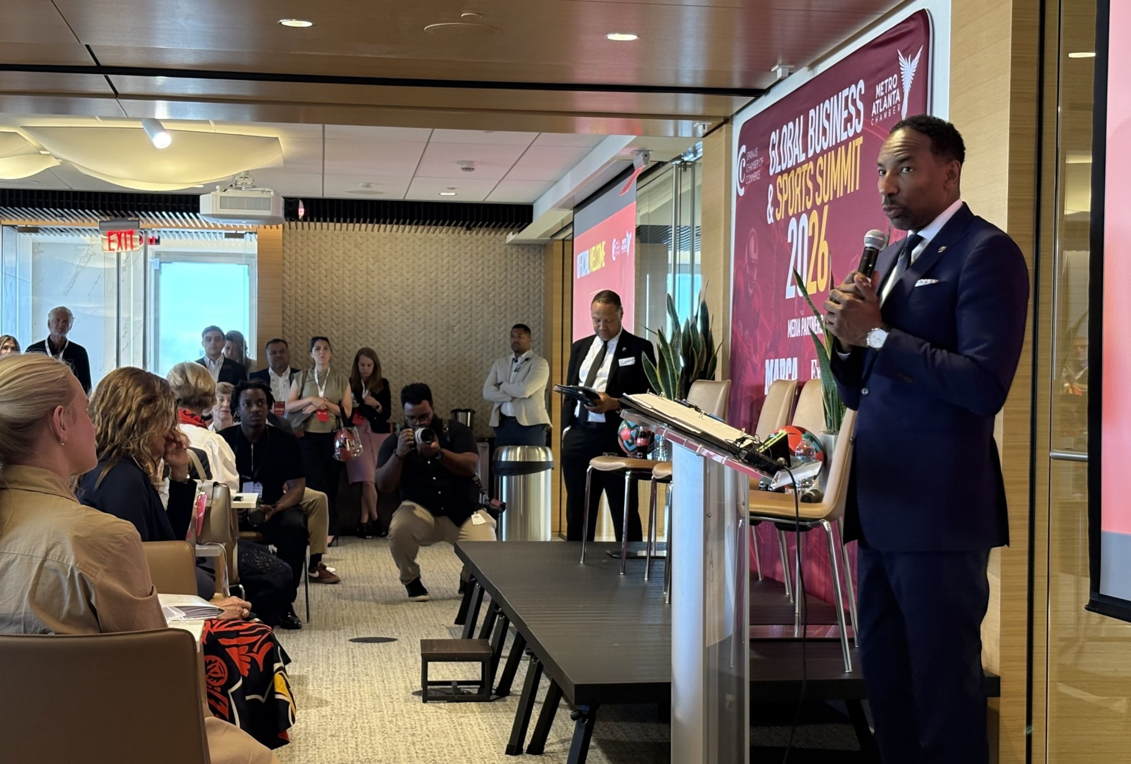 Atlanta Mayor Andre Dickens spoke to Atlanta and Spanish diplomats ahead of the Spain-Cape Verde match in Atlanta on June 15, 2026. (Zachary Hansen/AJC)
