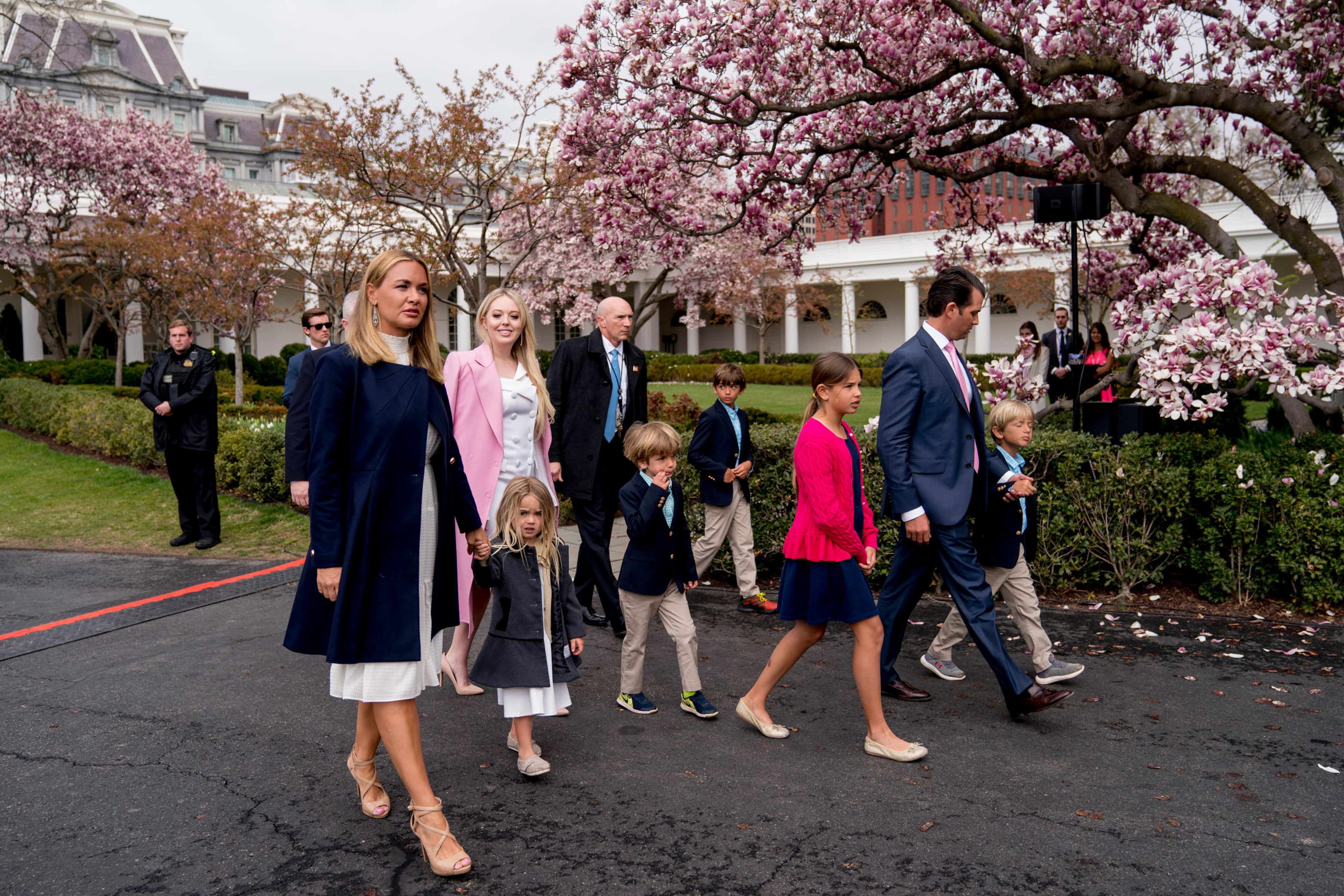Donald Trump Jr., the son of President Donald Trump, second from right, and his wife Vanessa Trump, left, arrive with children at the annual White House Easter Egg Roll on the South Lawn of the White House in Washington, Monday, April 2, 2018. Also pictured is Tiffany Trump, the Daughter of President Donald Trump, second from left.