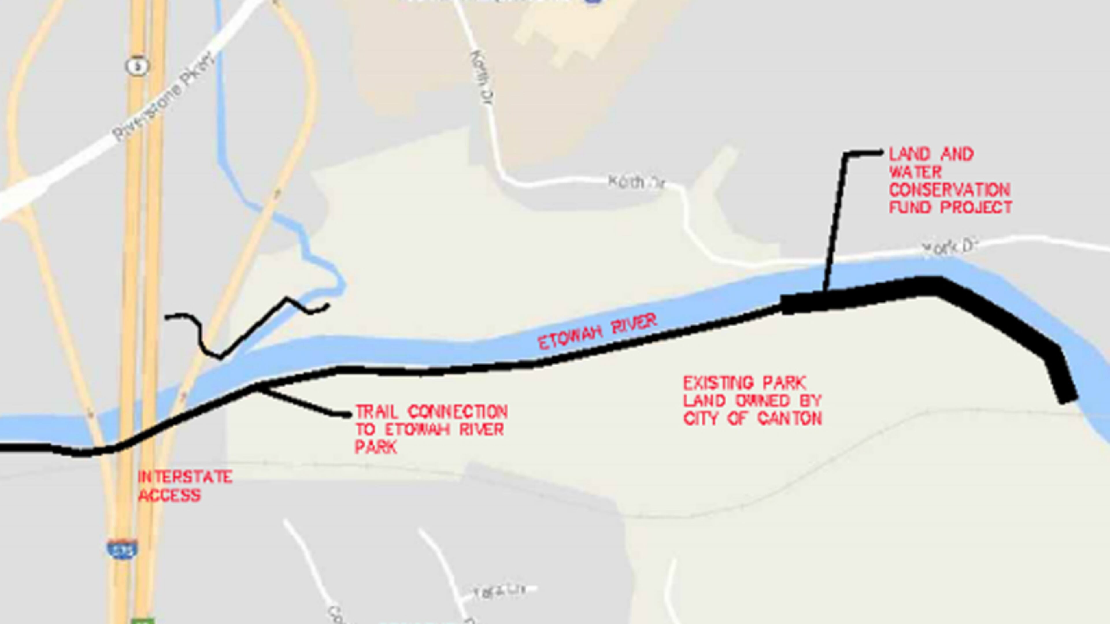 Map depicts the proposed extension of the Etowah River Park Trail in Canton and the portion seeking a National Park Service grant. CITY OF CANTON