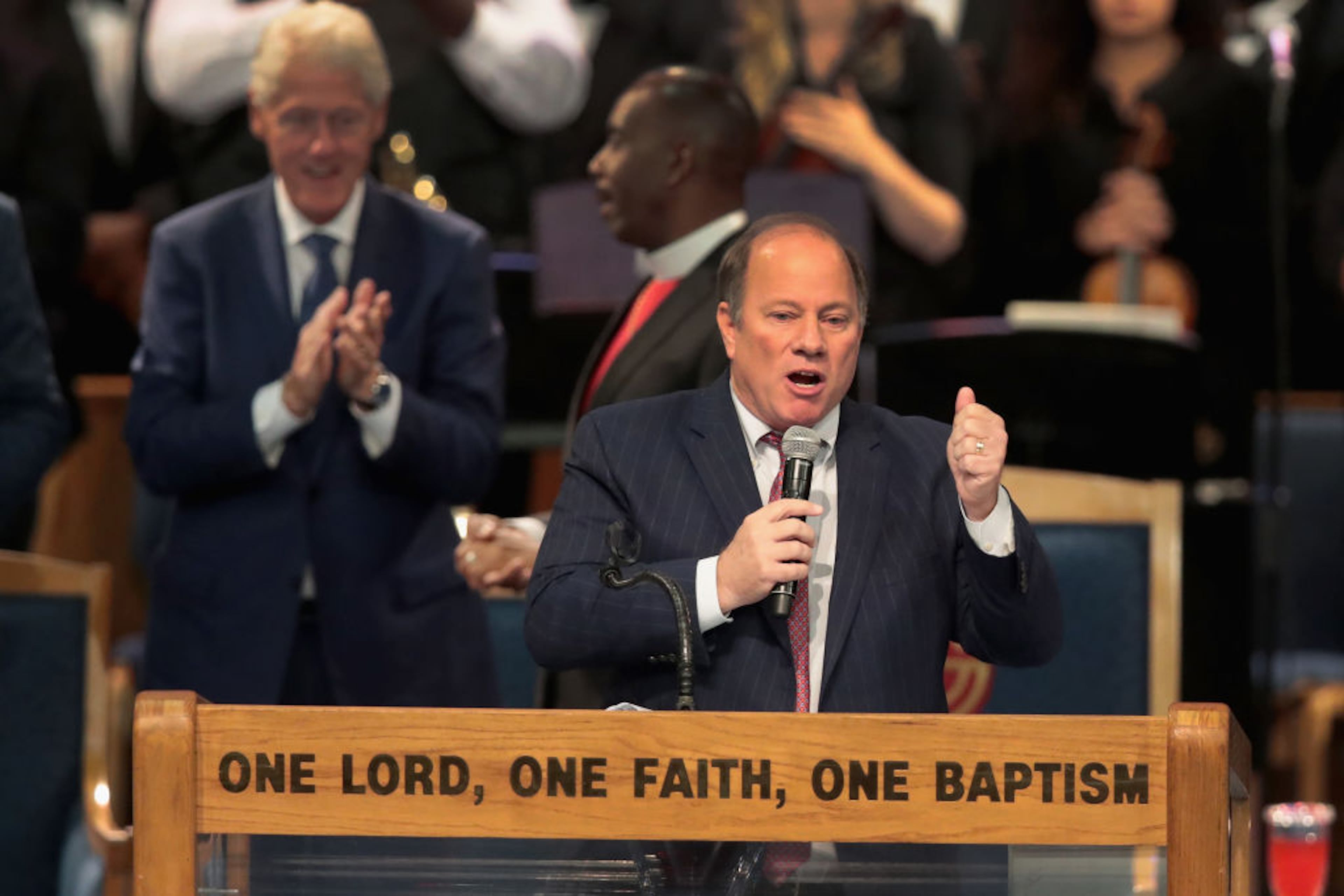 DETROIT, MI - AUGUST 31: Detroit Mayor Mike Duggan speaks at the funeral for Aretha Franklin at the Greater Grace Temple on August 31, 2018 in Detroit, Michigan. Franklin died at the age of 76 at her home in Detroit on August 16. (Photo by Scott Olson/Getty Images)
