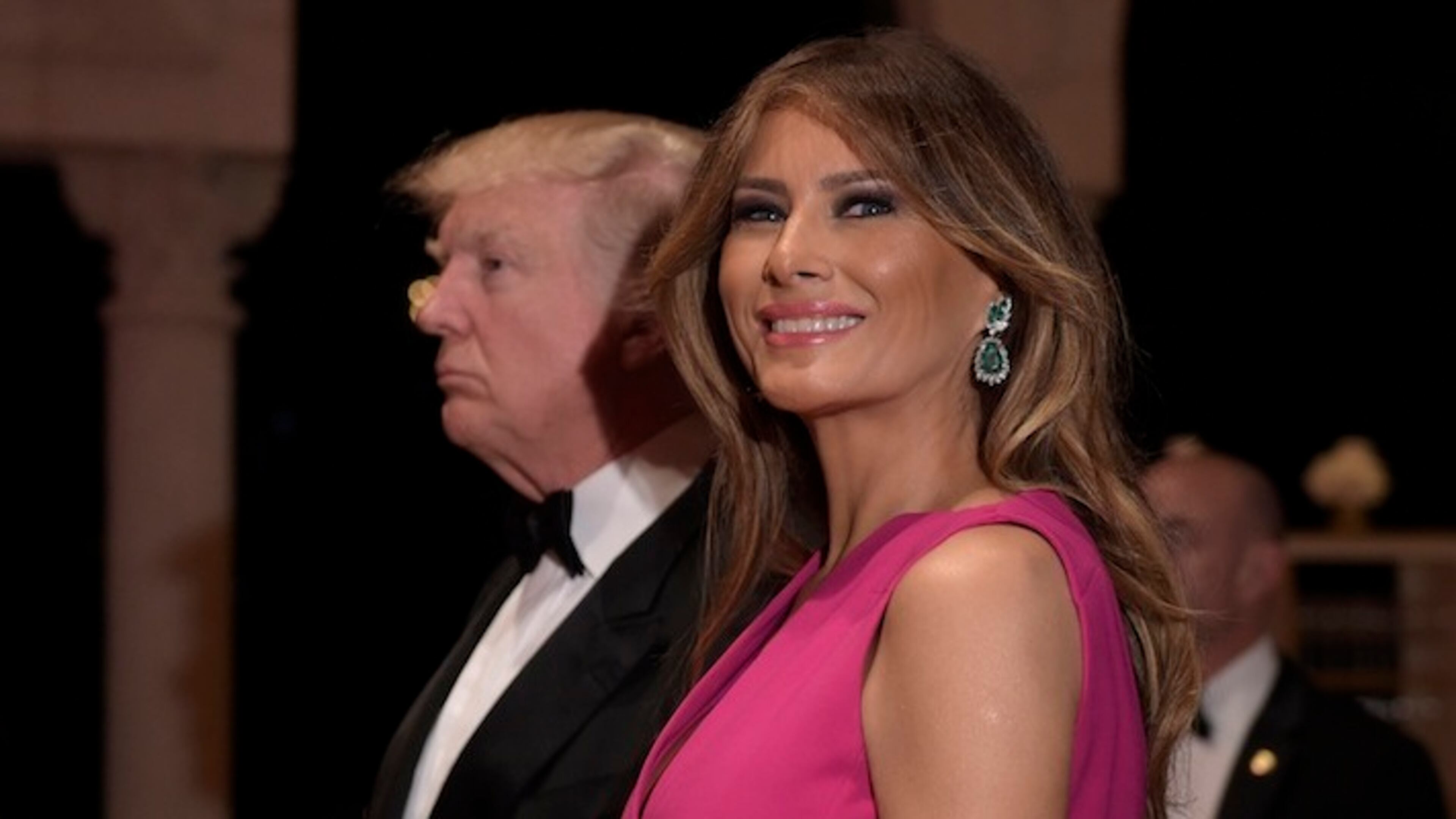 President Donald Trump and first lady Melania Trump arrive for the 60th Annual Red Cross Gala being held at Mar-a-Lago in Palm Beach, Fla., Saturday, Feb. 4, 2017. (AP Photo/Susan Walsh)