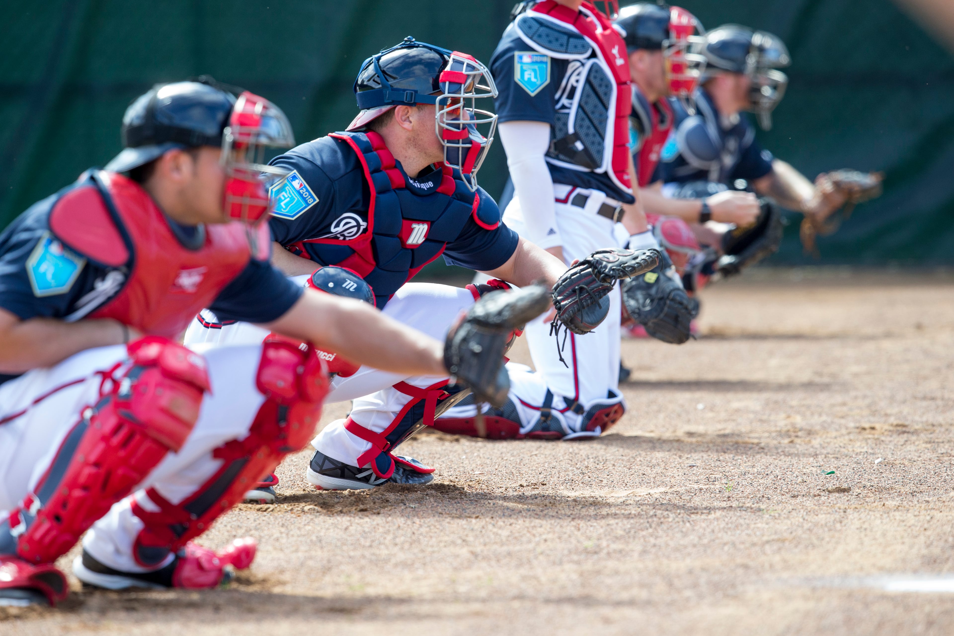 Atlanta Braves catchers are shown at baseball spring training in Kissimmee, Fla., Wednesday, Feb. 14, 2018. (AP Photo/Willie J. Allen Jr.)