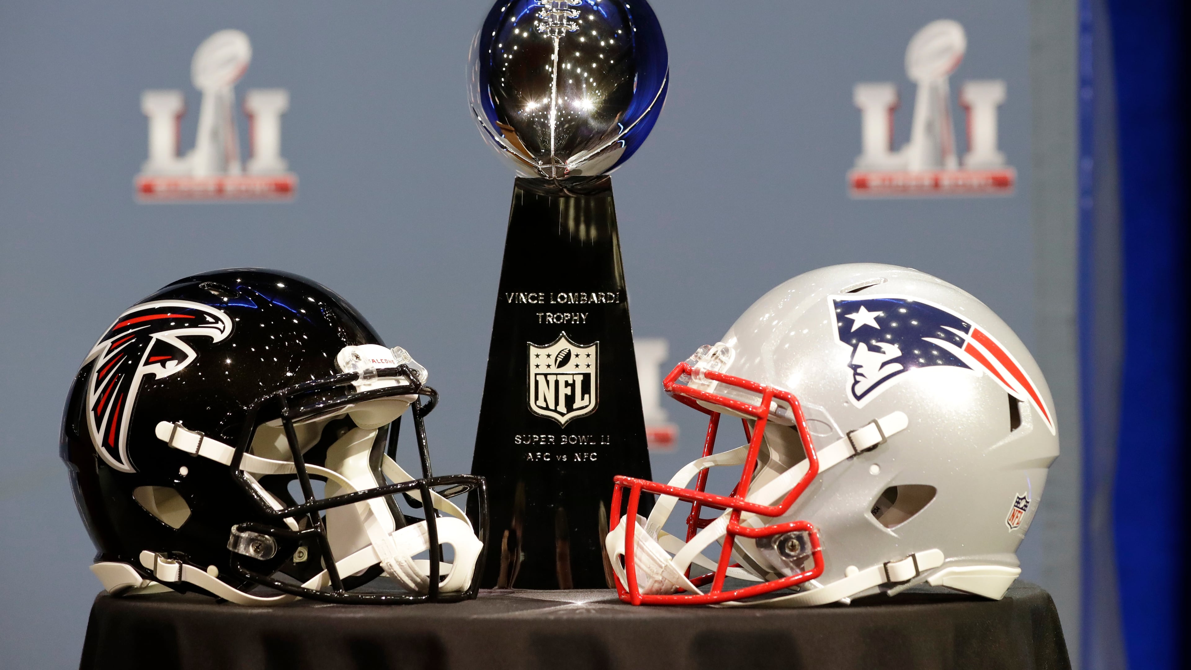 The Vince Lombardi Trophy is seen before NFL Commissioner Roger Goodell's news conference during preparations for the NFL Super Bowl 51 football game Wednesday, Feb. 1, 2017, in Houston. (AP Photo/David J. Phillip)