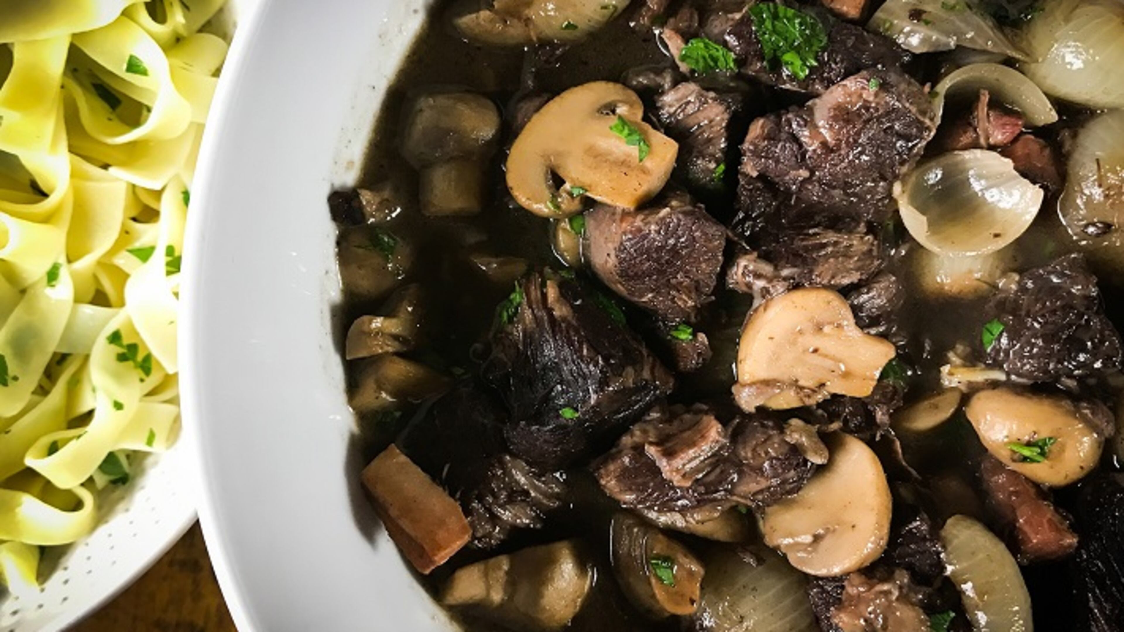 Beef bourguignon with buttered egg noodles, prepared by Leslie Brenner in her Dallas kitchen from her own recipe. (Leslie Brenner/Dallas Morning News/TNS)
NO MAGAZINE SALES; MANDATORY CREDIT; NO SALES; INTERNET USE BY TNS CONTRIBUTORS ONLY