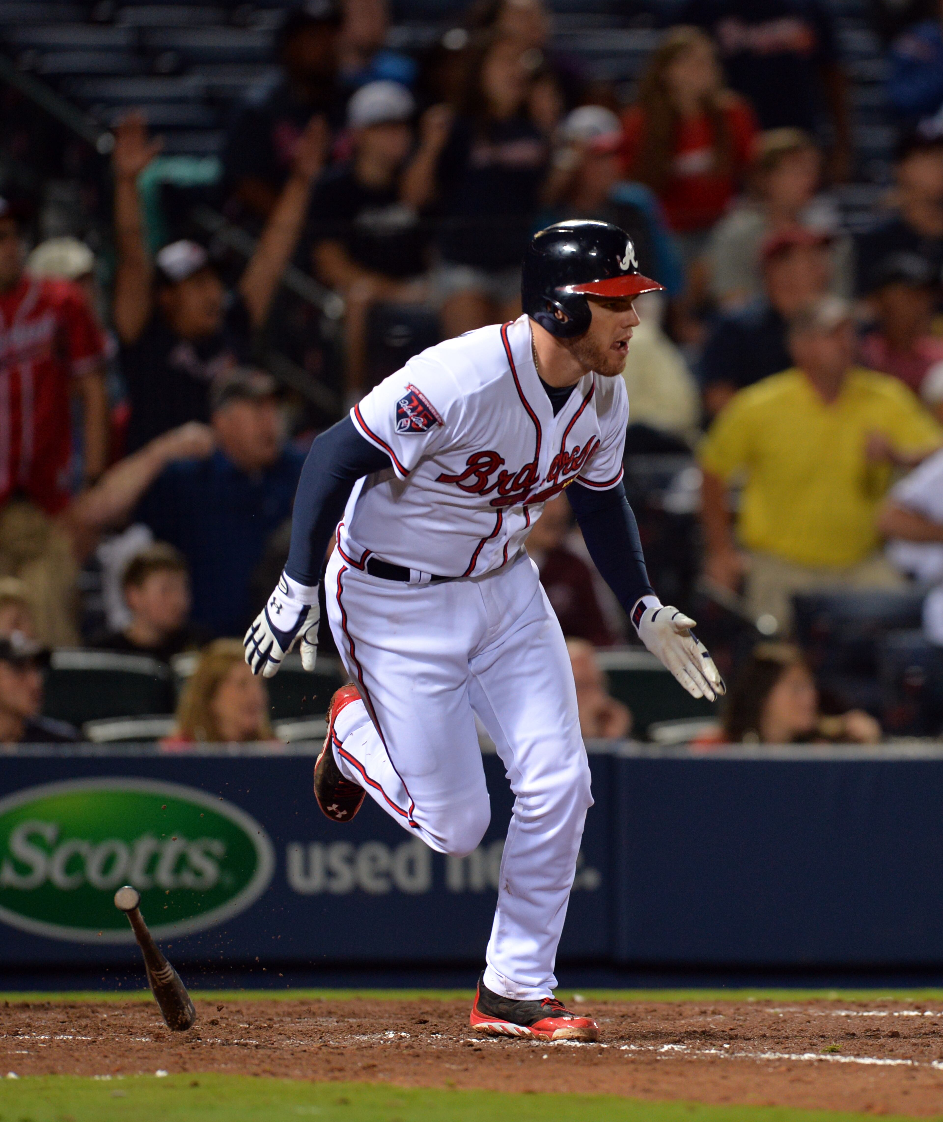 May 9, 2014 Atlanta: Atlanta Braves Freddie Freeman had a walk off hit in the 10th inning to give the Braves a 3-2 win over the Chicago Cubs Friday May 9, 2014 at Turner Field. BRANT SANDERLIN /BSANDERLIN@AJC.COM .