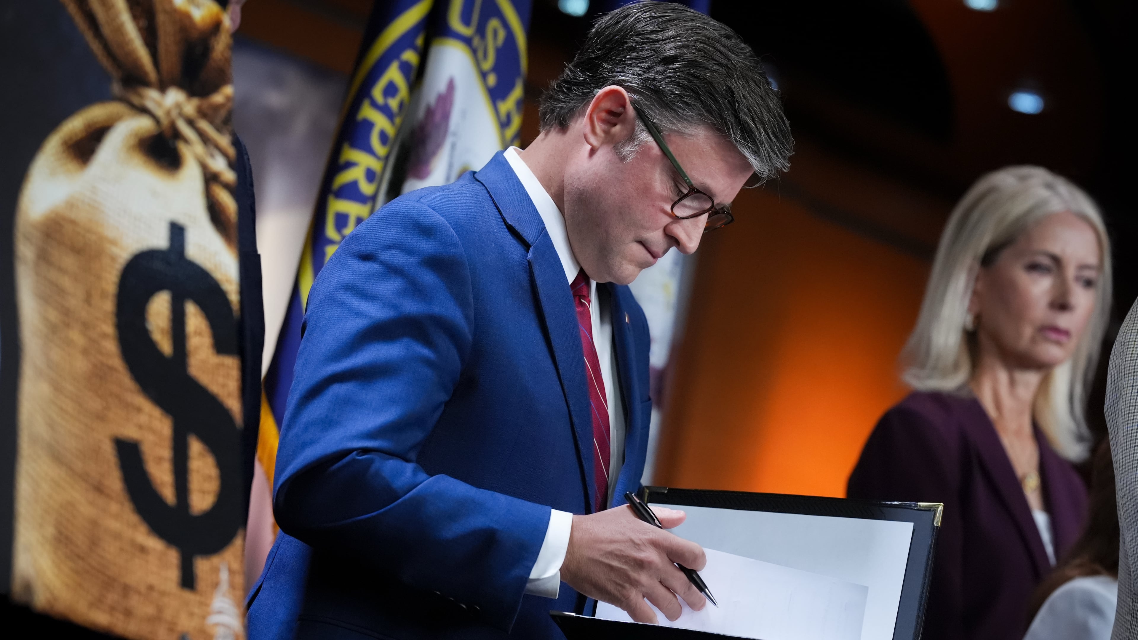Speaker of the House Mike Johnson, R-La., joined by GOP leaders, prepares to talk to reporters at the Capitol in Washington, Wednesday, June 3, 2026. (AP Photo/J. Scott Applewhite)