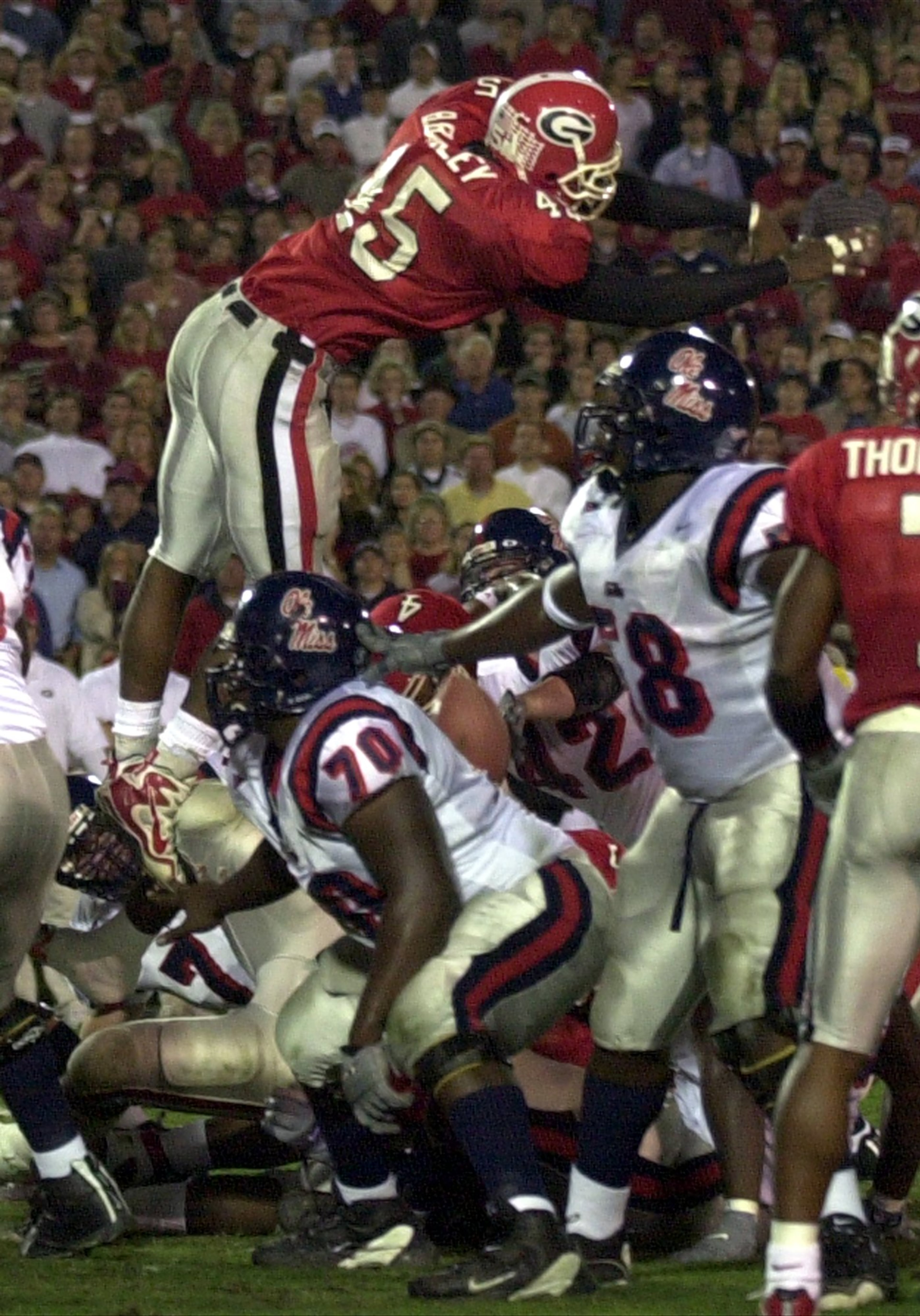 UGA's Boss Bailey leaps to block a Mississippi field goal attempt in 2002.