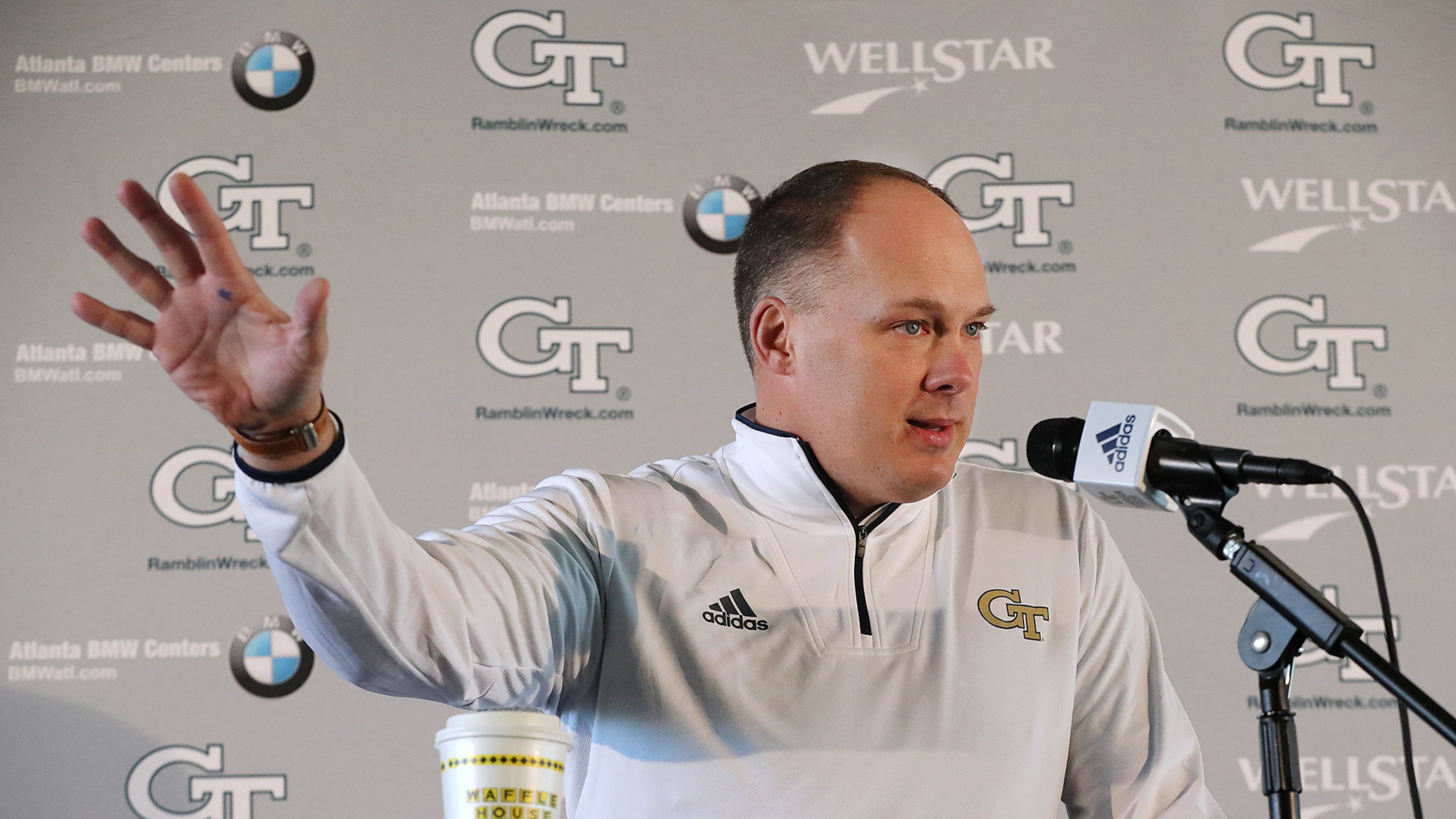 Georgia Tech head football coach Geoff Collins takes questions during a media session at Bobby Dodd Stadium on Thursday, Jan. 10, 2019, in Atlanta.