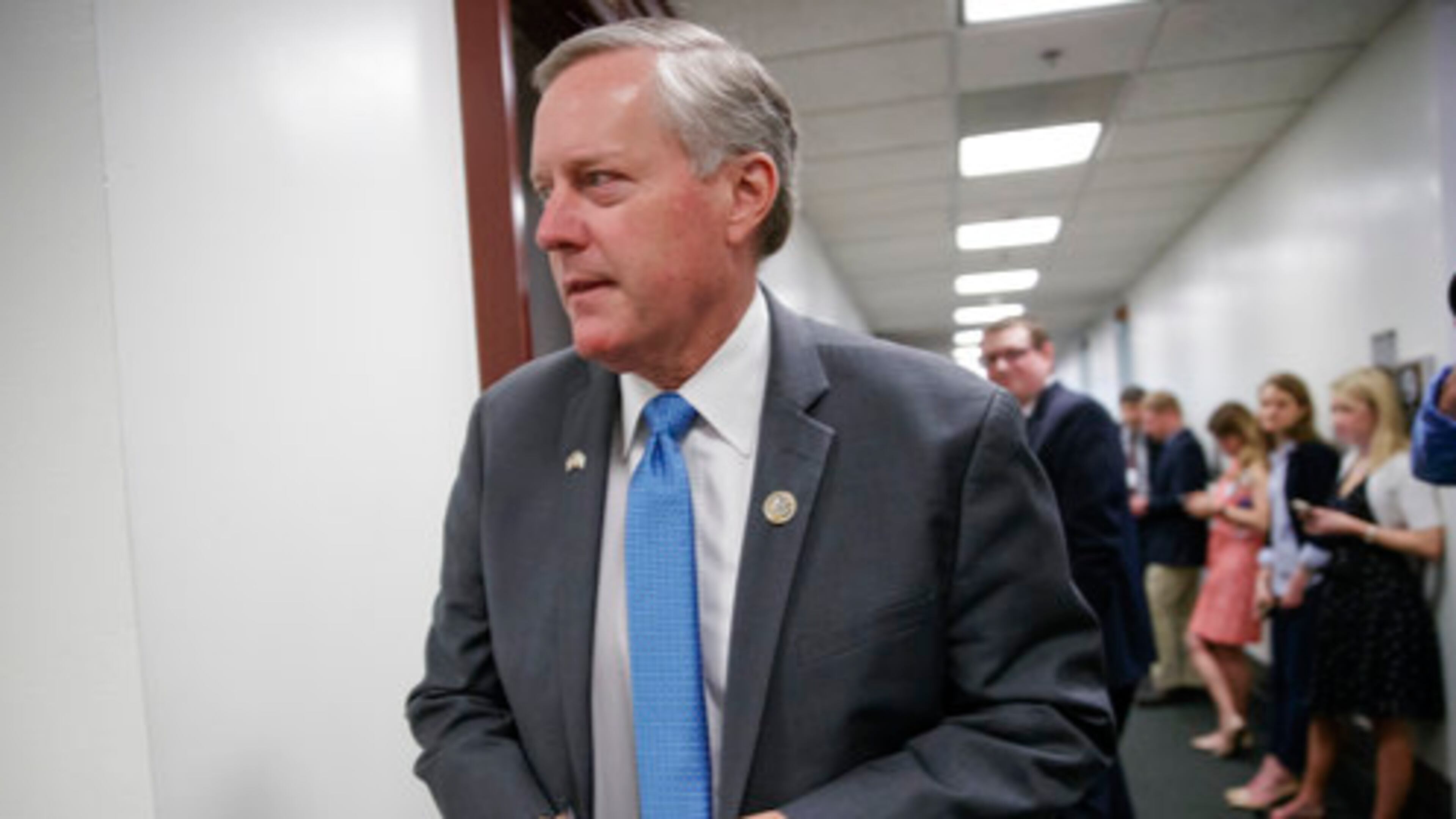House Freedom Caucus Chairman Rep. Mark Meadows, R-N.C., whose conservative GOP members derailed the Republican health care bill, leaves a closed-door strategy session with Speaker of the House Paul Ryan, R-Wis., and the leadership as they try to rebuild unity within the Republican Conference, at the Capitol, in Washington, Tuesday, March 28, 2017. (AP Photo/J. Scott Applewhite)