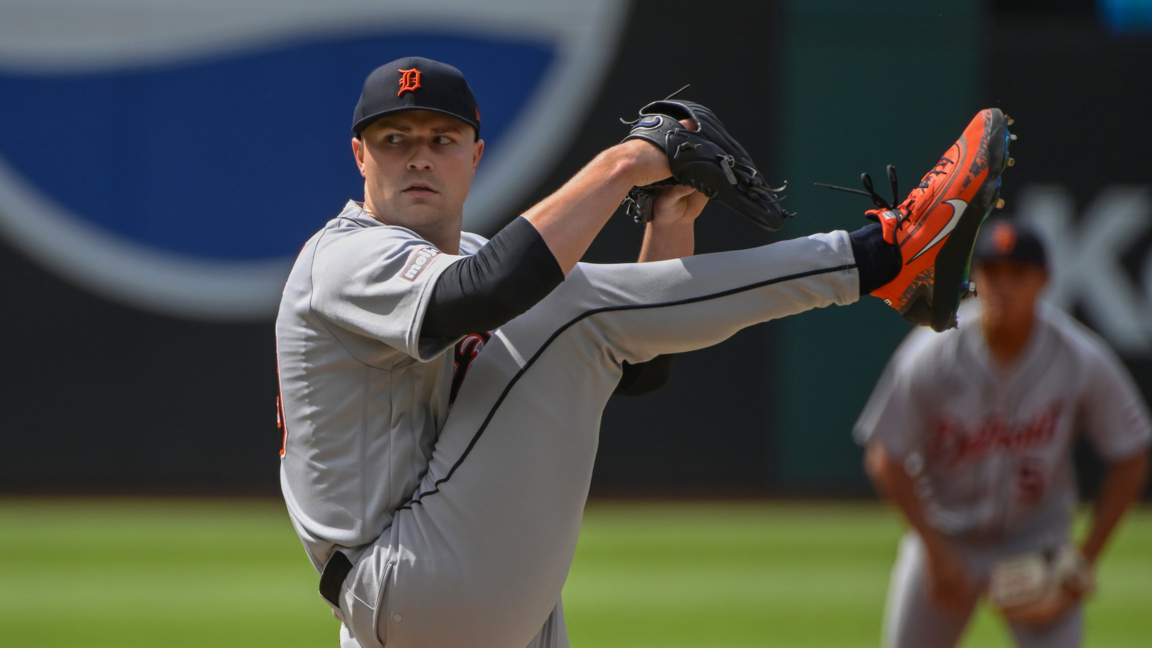 Detroit Tigers starting pitcher Tarik Skubal delivers against the Cleveland Guardians during the first inning of a baseball game, Saturday, June 13, 2026, in Cleveland. (AP Photo/Phil Long)