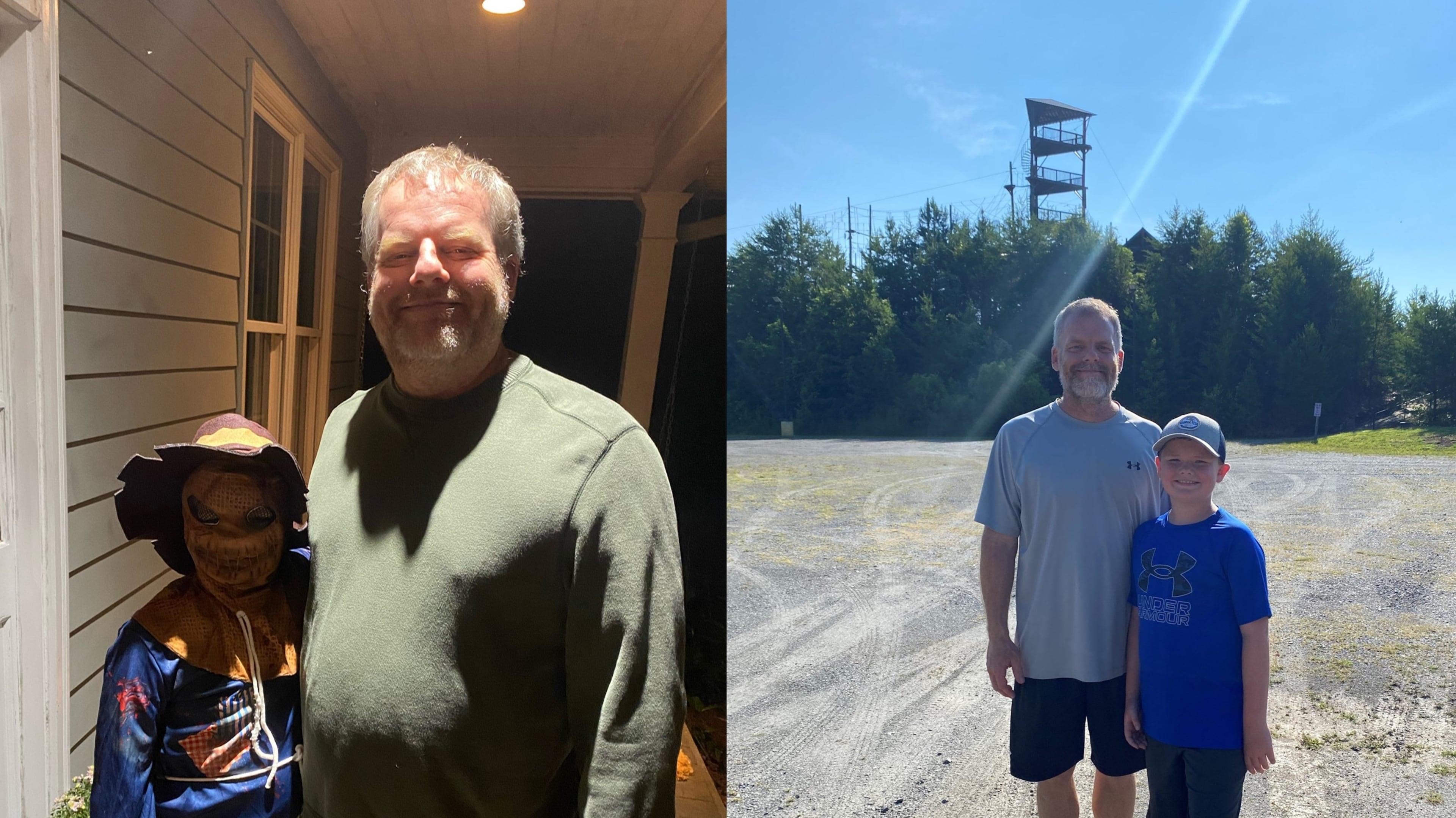 The photo on the left of Heath Hinton was taken last year at Halloween with his son, Sam. The photo on the right of Hinton and Sam was taken in July. (Photos contributed by Heath Hinton )