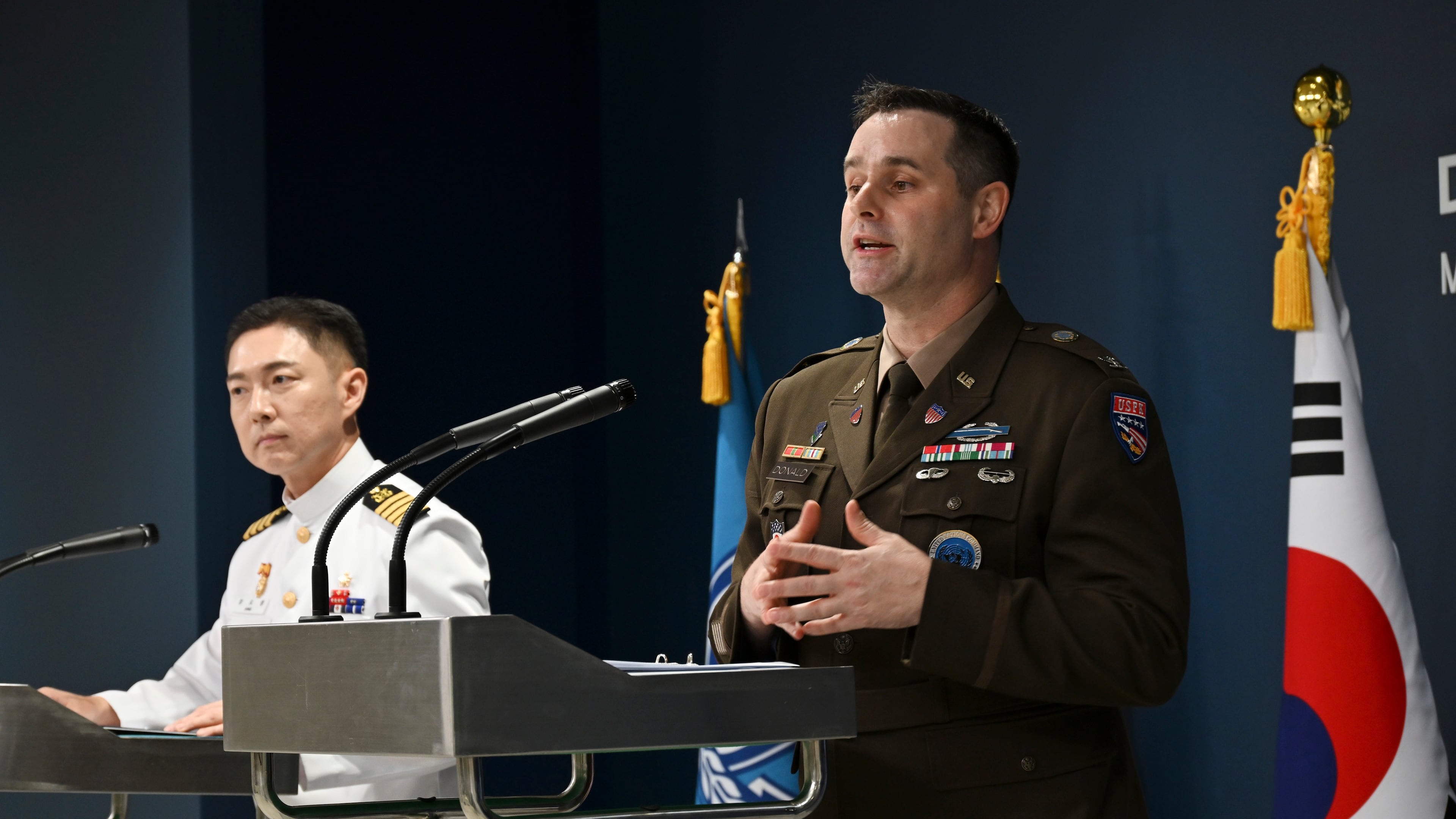 Col. Jang Do-young, left, public affairs director of South Korea's Joint Chiefs of Staff and Col. Ryan Donaldn, public affairs director of the United Nations Command, Combined Forces Command and United States Forces Korea attend a press briefing for the Ulchi Freedom Shield 2026 exercise at the Defense Ministry in Seoul, South Korea Monday, Aug. 10, 2026. (Song Kyung-Seok/Pool Photo via AP)