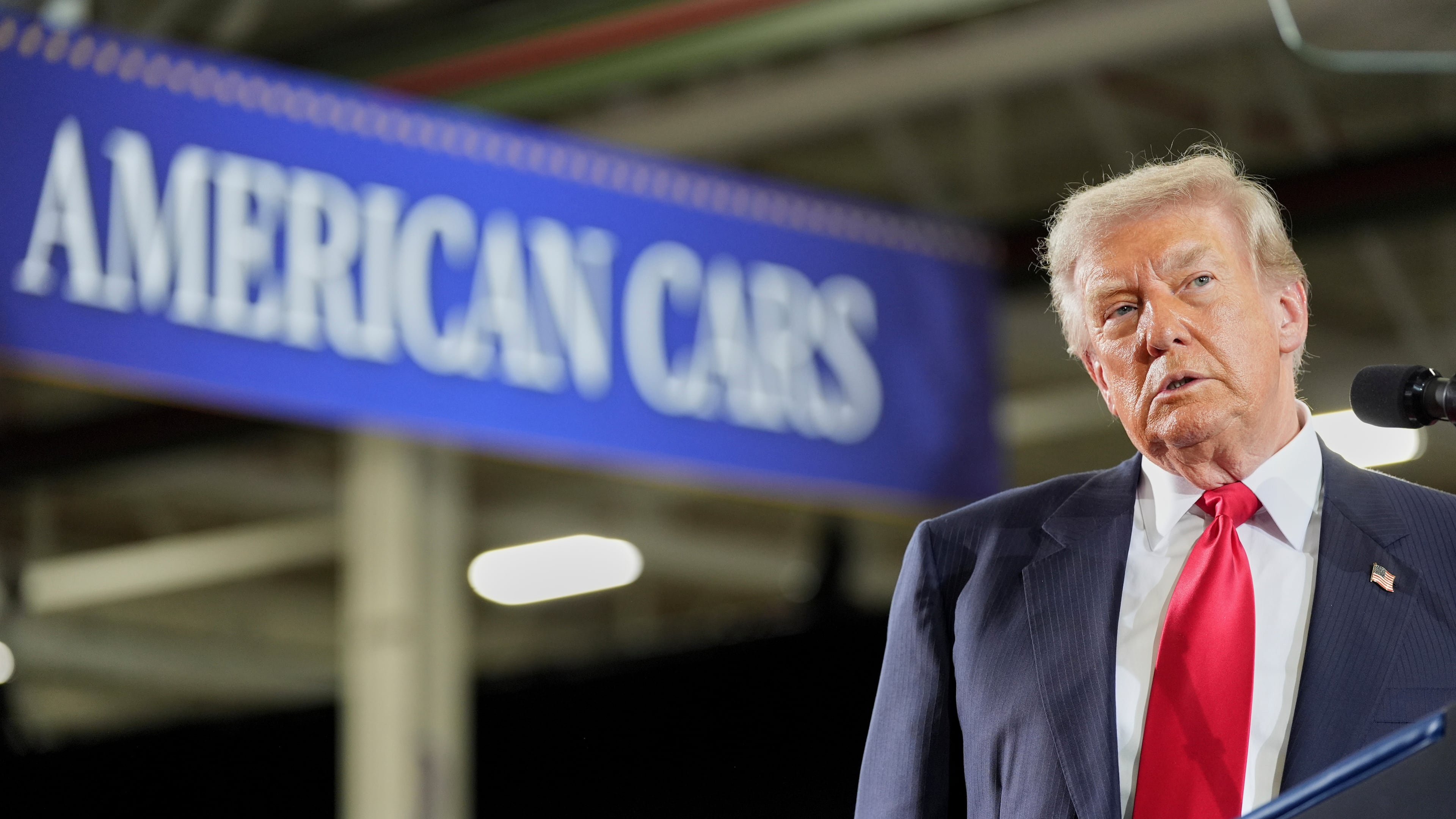President Donald Trump pauses during a speech at General Motors proving ground, Monday, July 27, 2026, in Milford, Mich. (AP Photo/Alex Brandon)