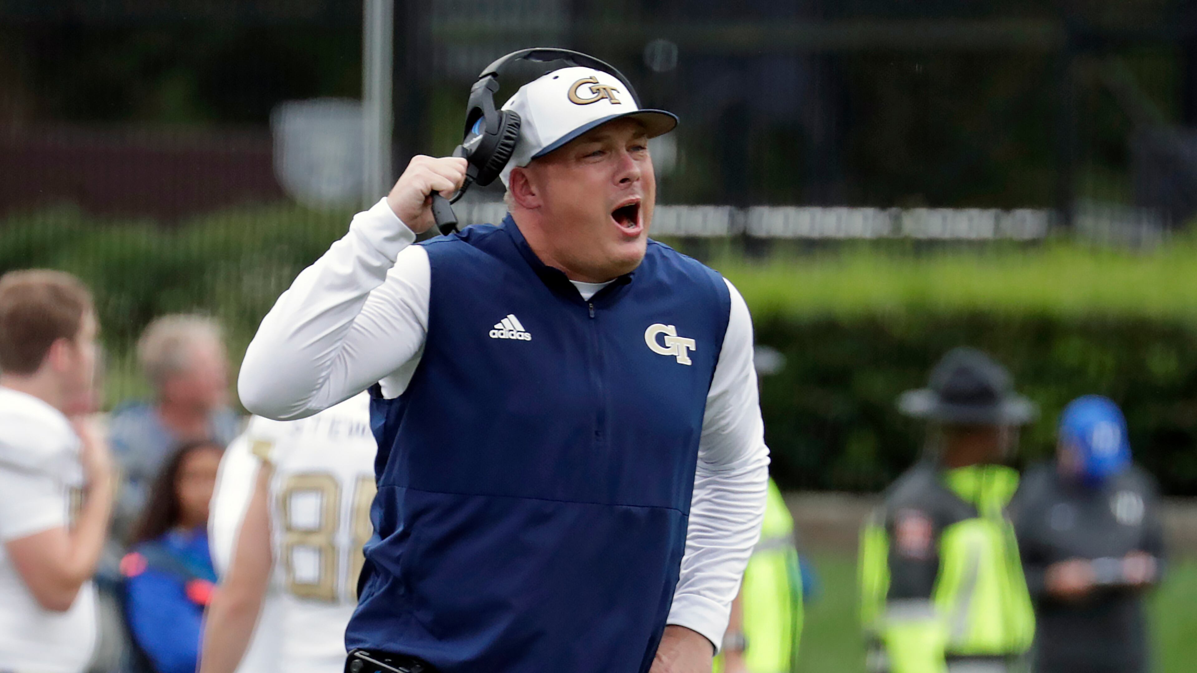 Georgia Tech head coach Geoff Collins directs the team against Duke during the first half of an NCAA college football game in Durham, N.C., Saturday, Oct. 9, 2021. (AP Photo/Chris Seward)