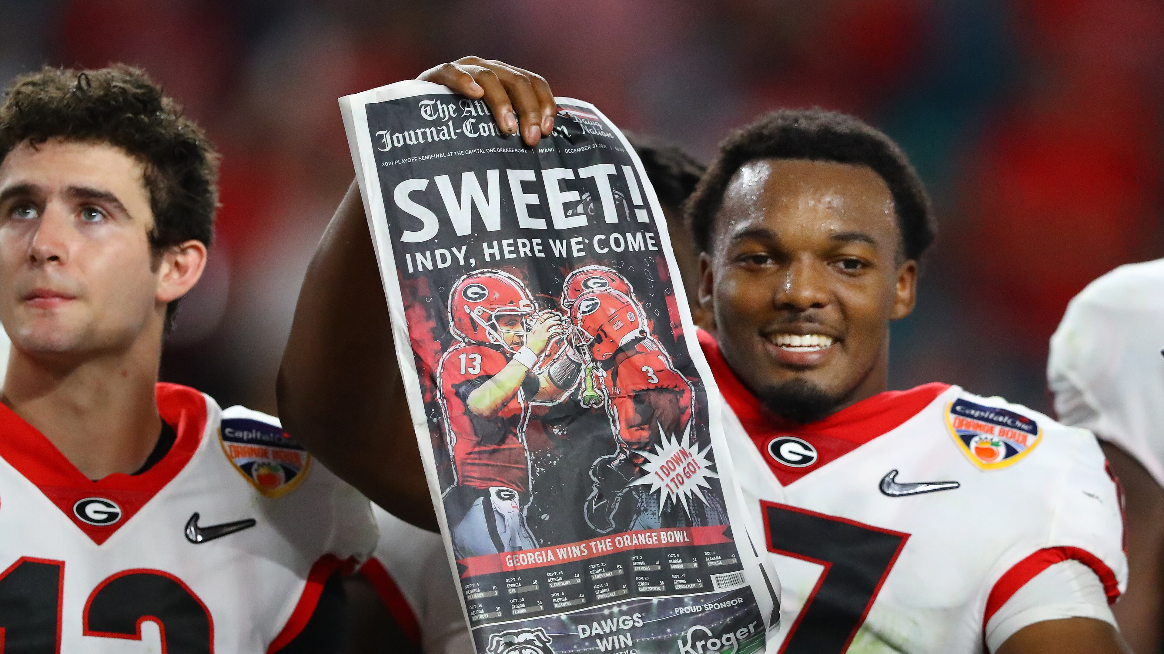 12/31/21 - Miami Gardens - Georgia linebacker Nakobe Dean celebrates winning the Orange Bowl at Hard Rock Stadium in Miami Gardens. Curtis Compton / Curtis.Compton@ajc.com