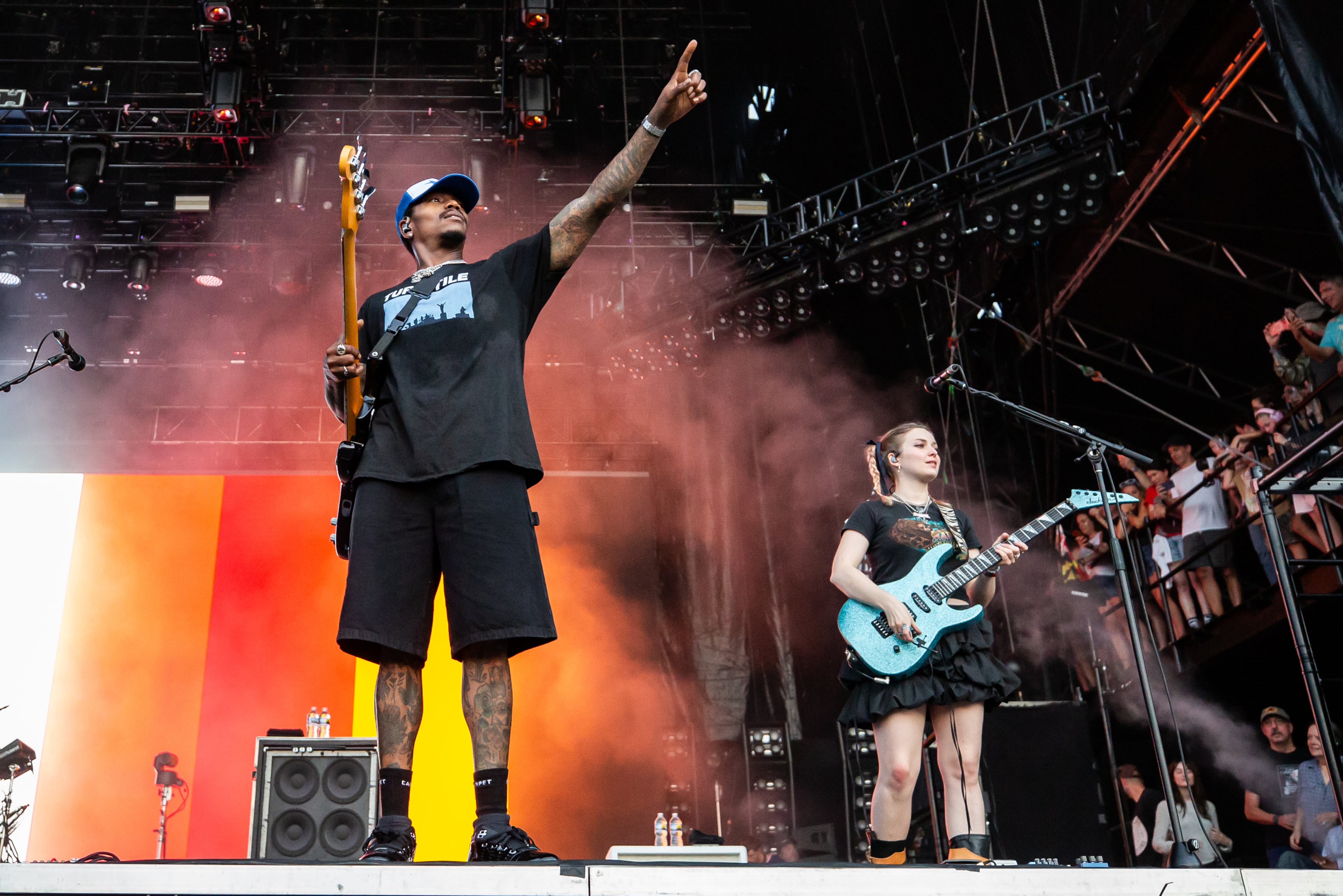 Hardcore heroes Turnstile brought their raucous, frenetic energy to Shaky Knees as the sun set on Friday, Sept. 18, 2026, on the Peachtree Stage in Piedmont Park, Atlanta. (Ryan Fleisher for the AJC)