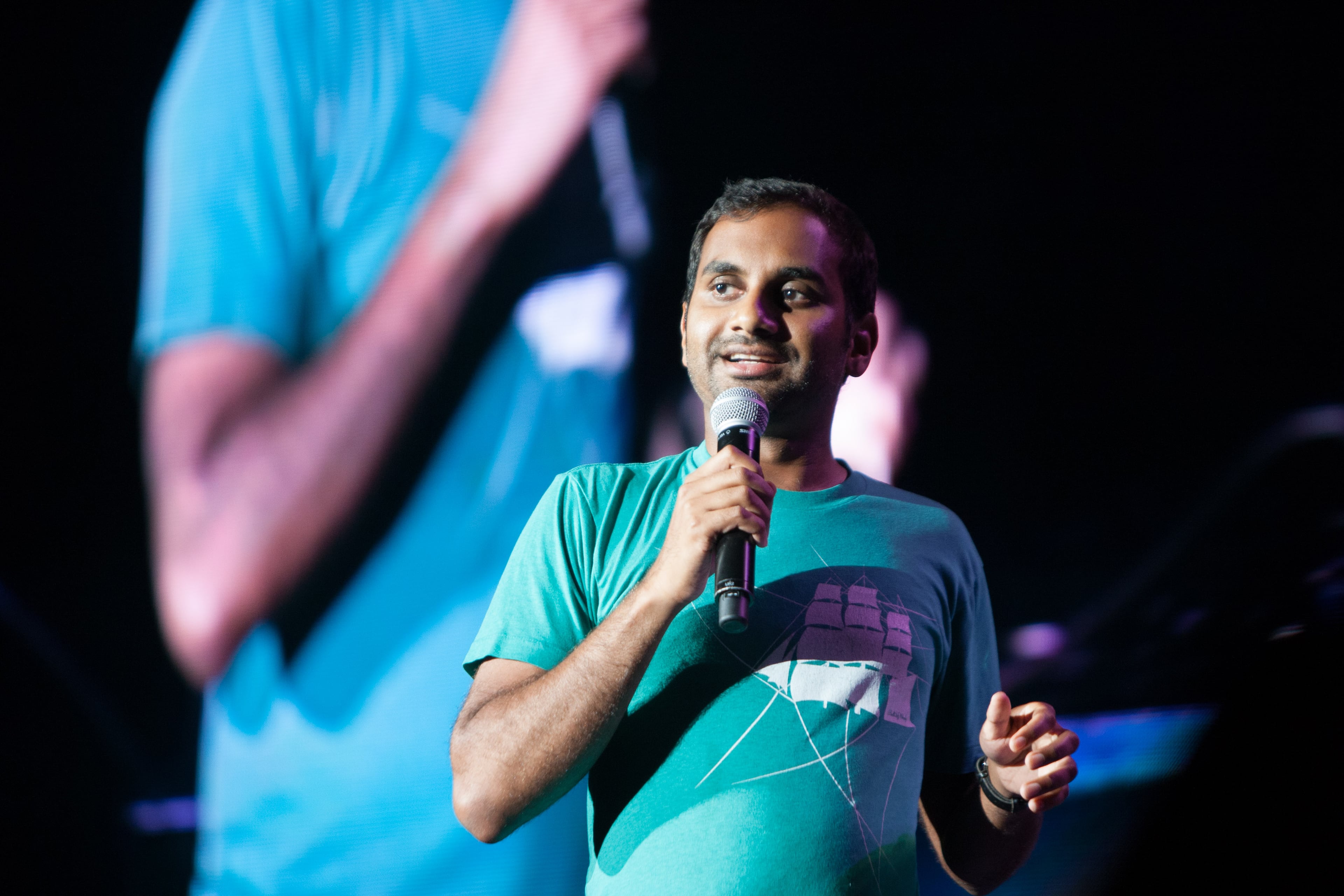 Comedian Aziz Ansari performs during the Oddball Comedy & Curiosity Festival tour at Aaron's Lakewood Amphitheatre Sunday, August 10, 2014 in Atlanta, Ga. (BRANDEN CAMP/SPECIAL)