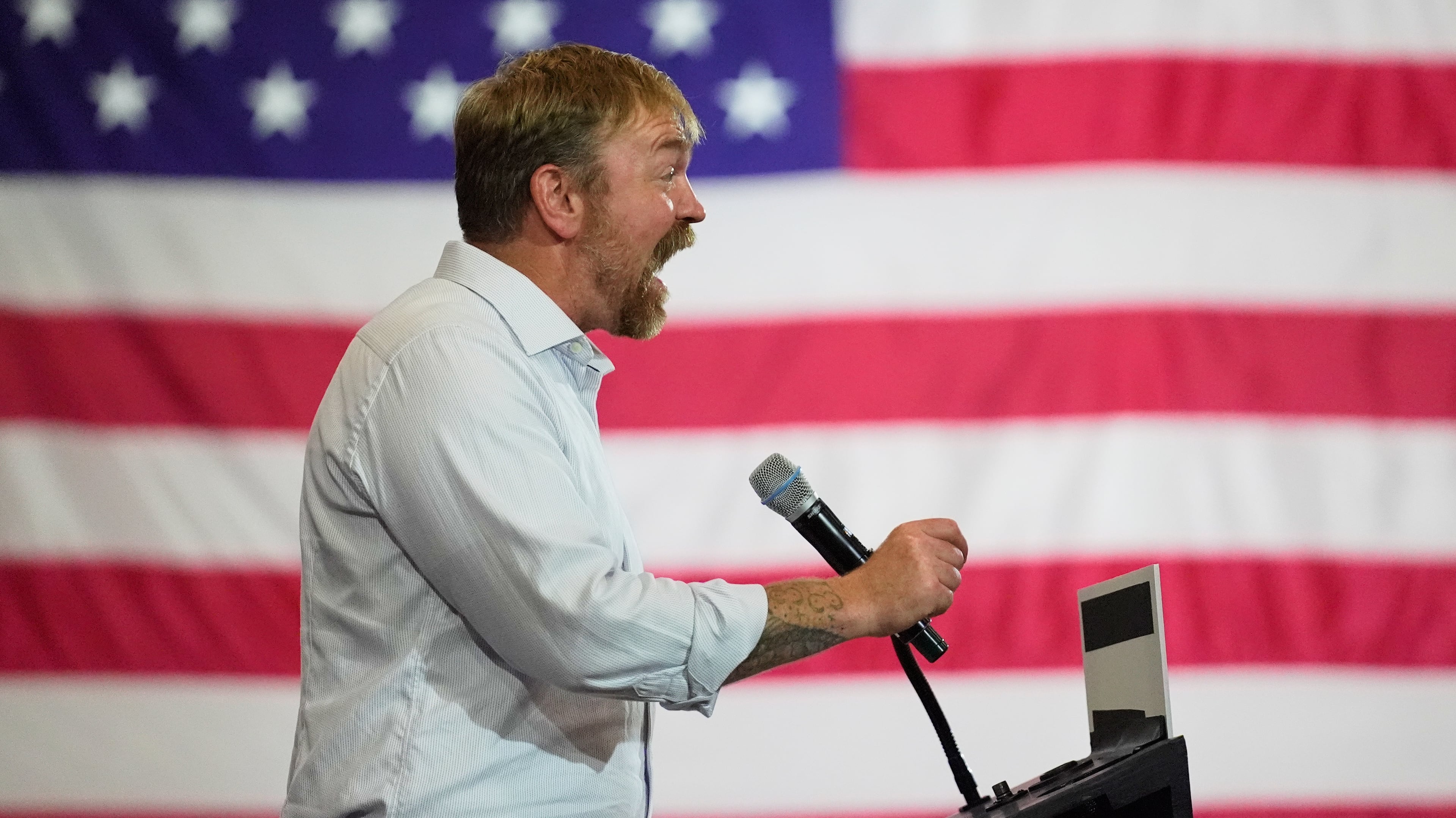 Democratic U.S. Senate candidate Graham Platner speaks during a primary election night watch party after winning the Democratic nomination Tuesday, June 9, 2026, in Blue Hill, Maine. (AP Photo/Robert F. Bukaty)