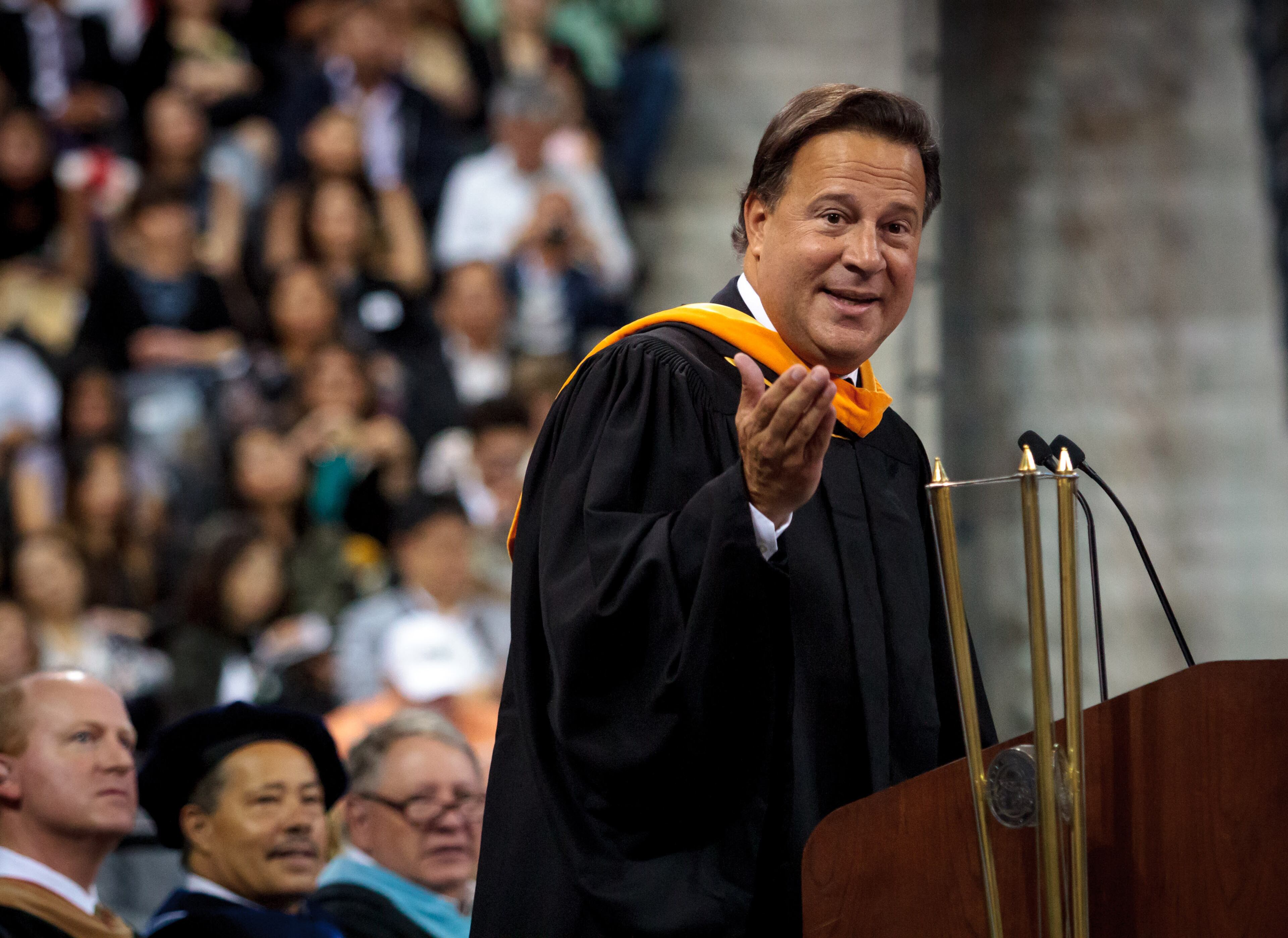 Panamanian president Juan Carlos Varela speaks to the 1200 graduating students while giving his commencement speech at the Georgia Institute of Technology's morning graduation ceremonies Saturday, May. 6 2017. STEVE SCHAEFER / SPECIAL TO THE AJC