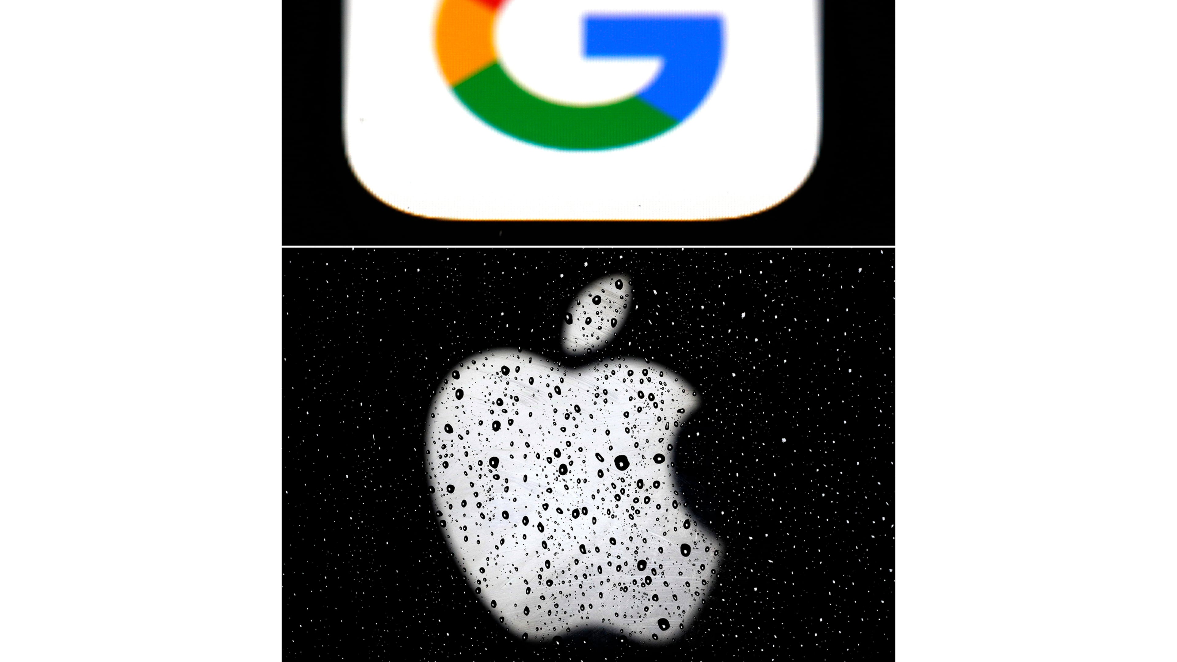 FILE - This combo of photos shows the logo for Google, top and Apple, bottom. (AP Photo/File)