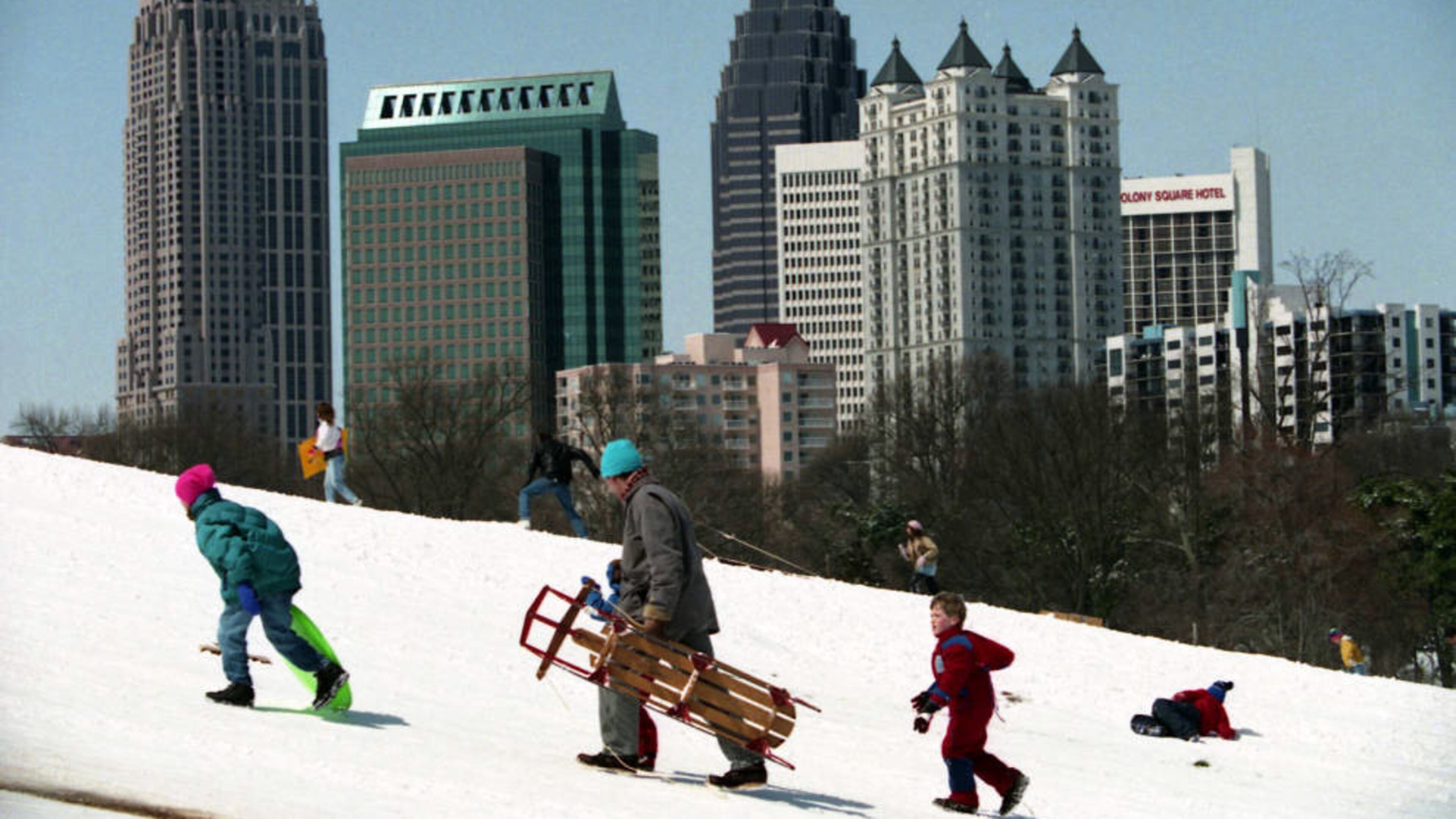 Sledders enjoying the snow in Piedmont Park during the 1993 blizzard in Atlanta in March 1993.