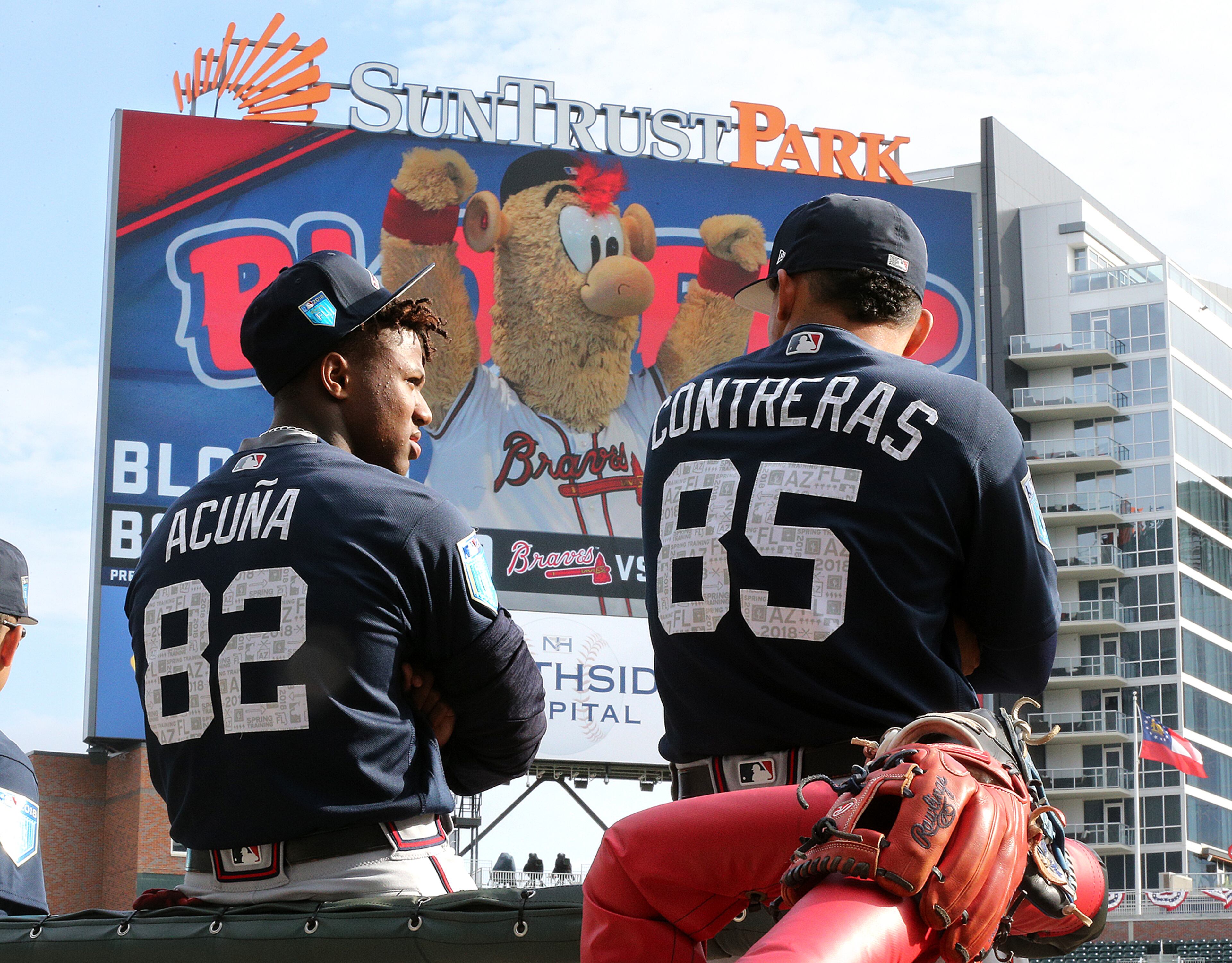 March 27, 2018 Atlanta: Braves outfielder Ronald Acuna Jr., and catcher William Contreras take in the scene as they prepare to play in the Future Stars Exhibition Game on Tuesday, March 27, 2018, at SunTrust Park in Atlanta. Curtis Compton/ccompton@ajc.com