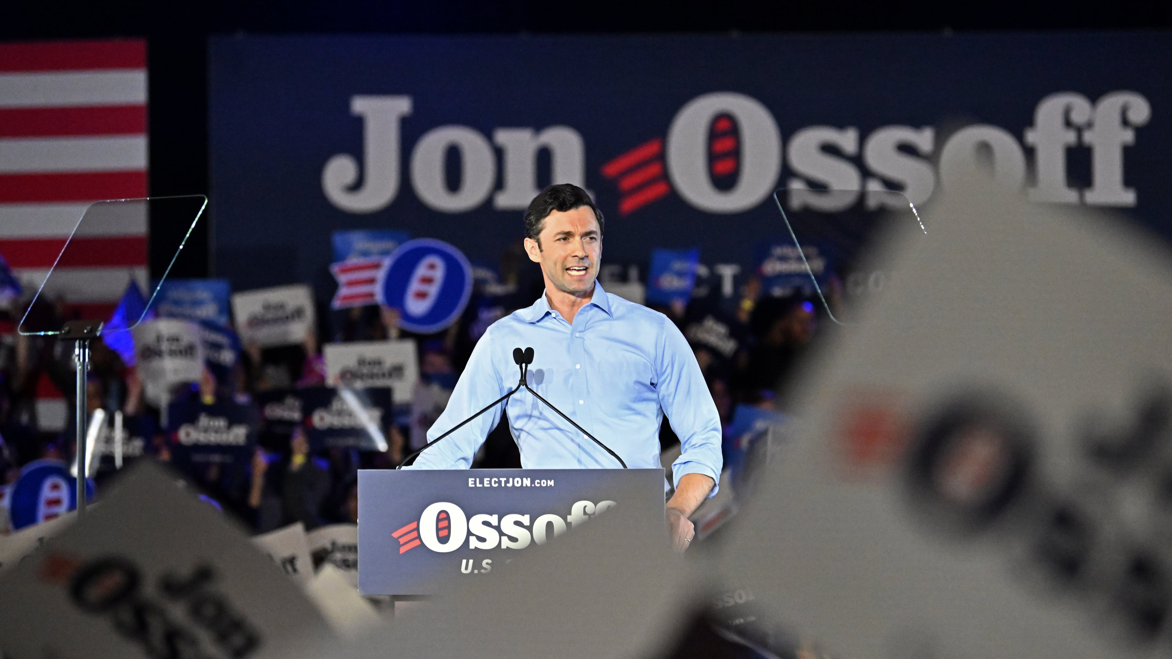 U.S. Sen. Jon Ossoff speaks during a rally at the Georgia International Convention Center in February. (Hyosub Shin/AJC)