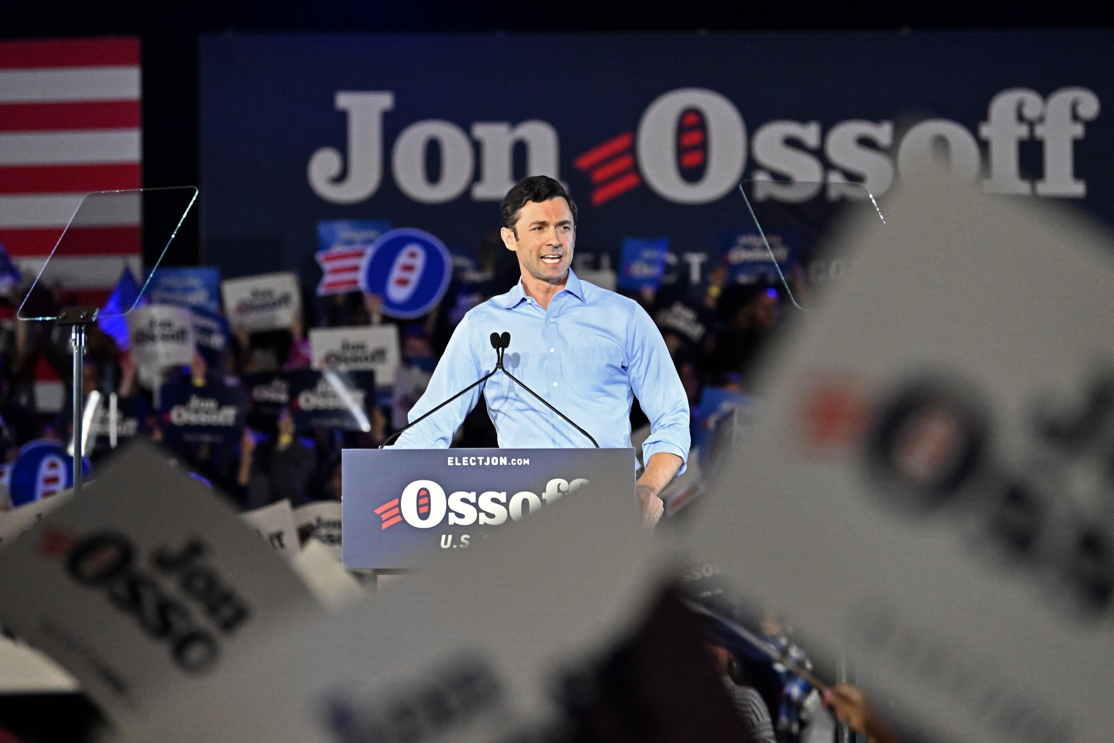 U.S. Sen. Jon Ossoff speaks during a rally at the Georgia International Convention Center in February. (Hyosub Shin/AJC)