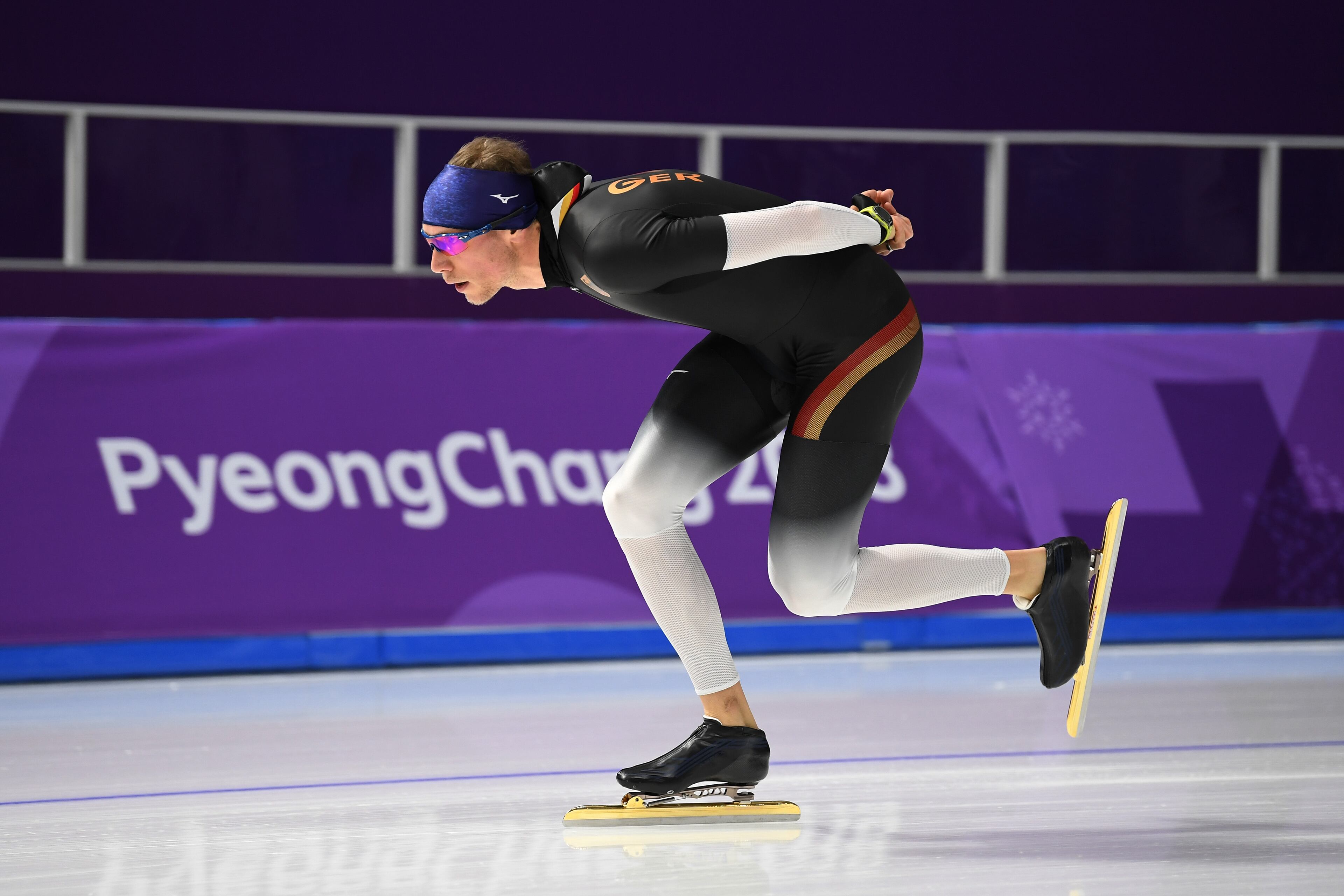 PYEONGCHANG-GUN, SOUTH KOREA - FEBRUARY 08: An German speed skater trains ahead of the PyeongChang 2018 Winter Olympic Games at Gangneung Oval on February 8, 2018 in Pyeongchang-gun, South Korea. (Photo by Harry How/Getty Images)