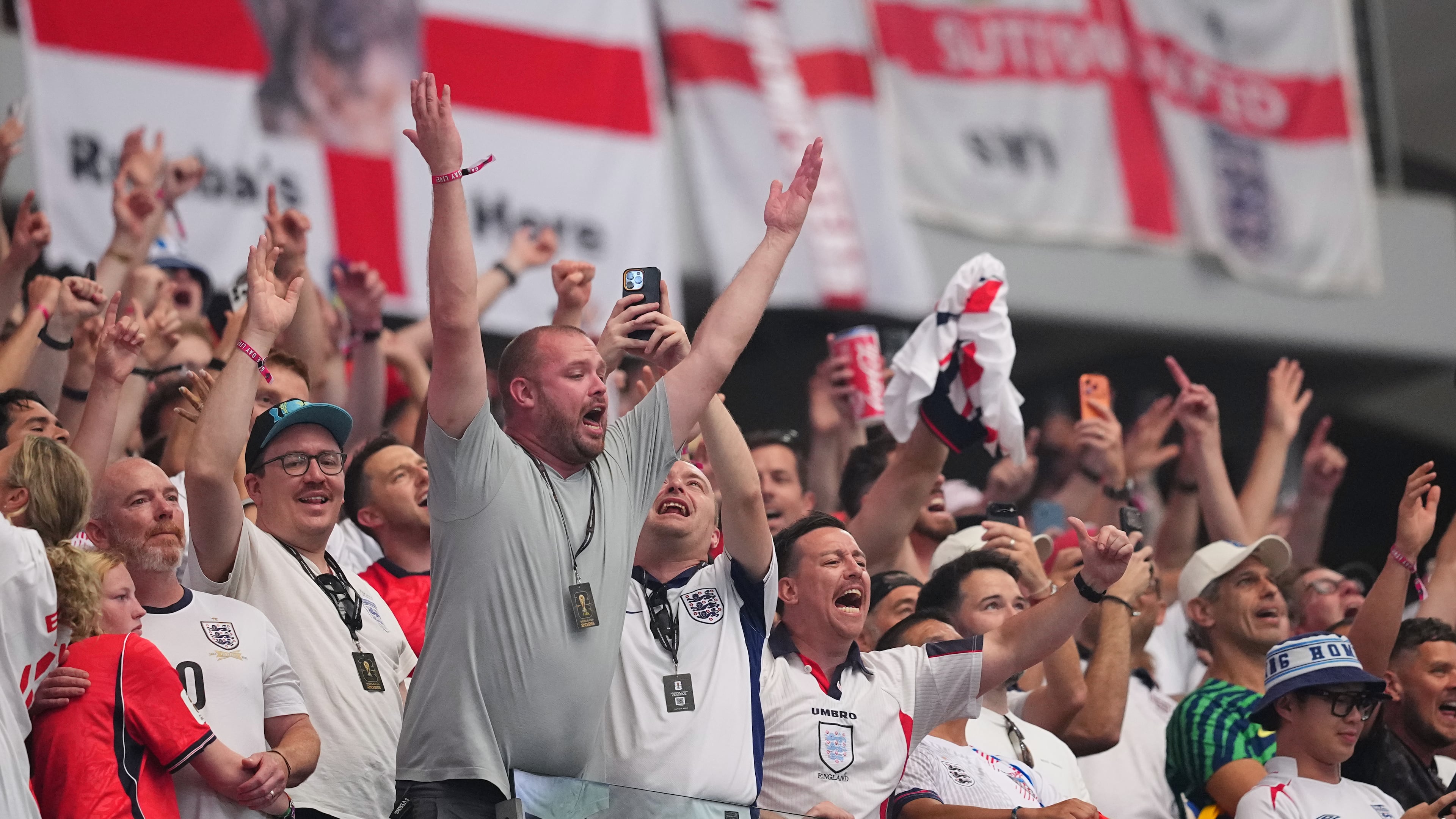 England fans celebrate after the World Cup Group L soccer match between England and Croatia in Arlington, Texas, near Dallas on Wednesday, June 17, 2026. (Julio Cortez/AP)