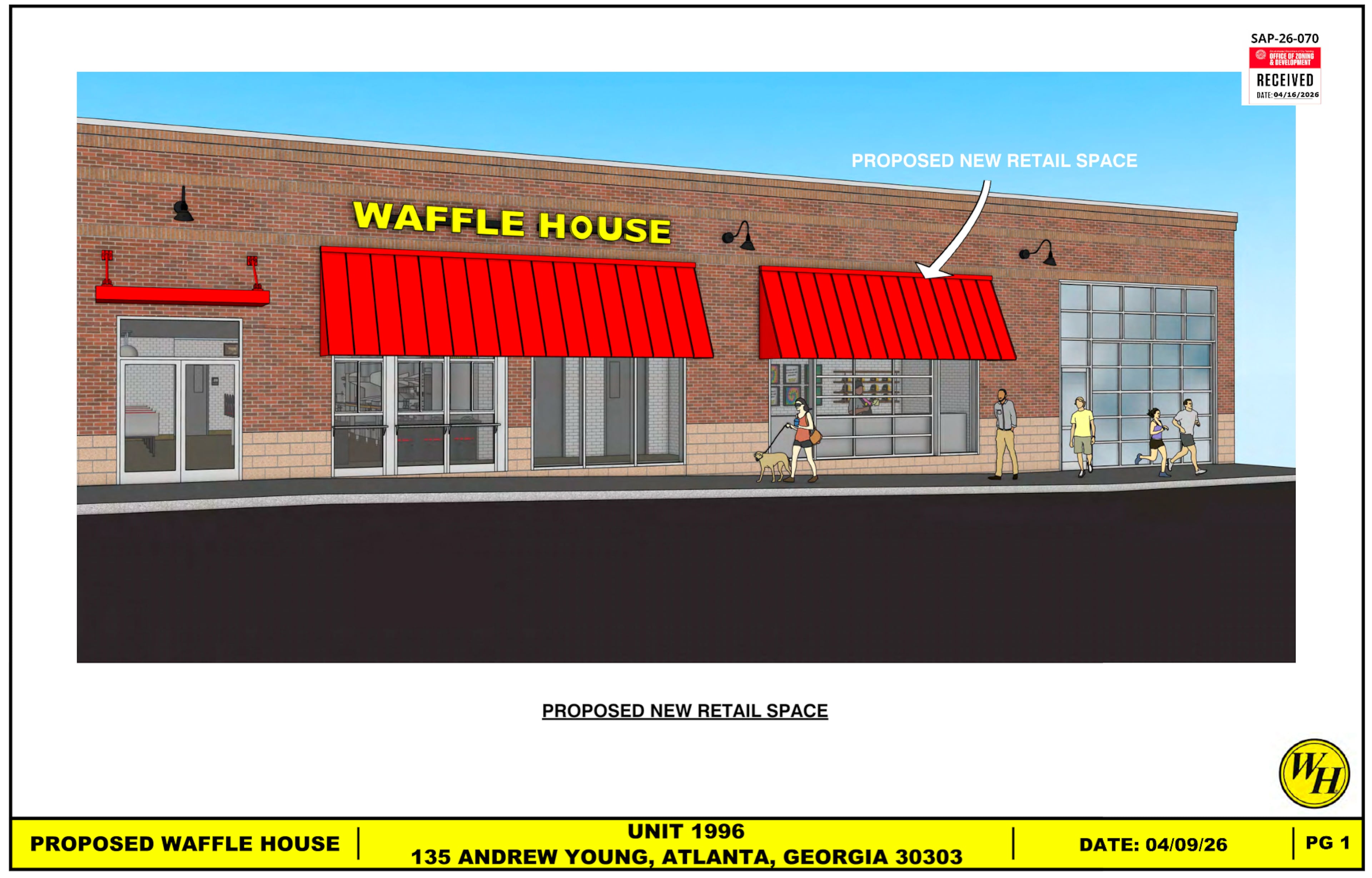 Waffle House has submitted plans in Atlanta to remodel its downtown diner next to Centennial Olympic Park, shown here in this rendering. (Courtesy of Waffle House/City of Atlanta)