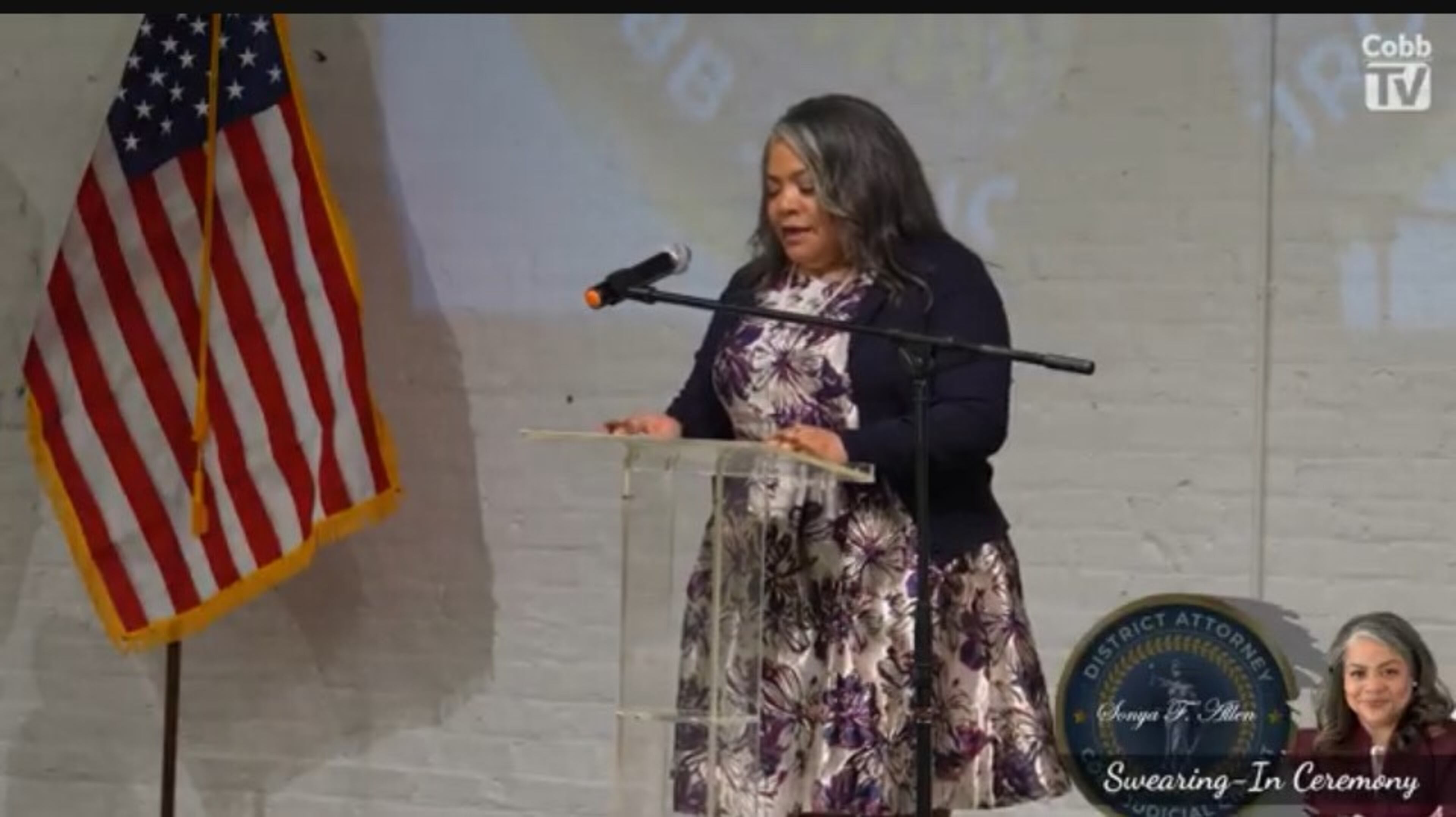 Cobb DA Sonya Allen after being sworn in. (Courtesy of Cobb TV)