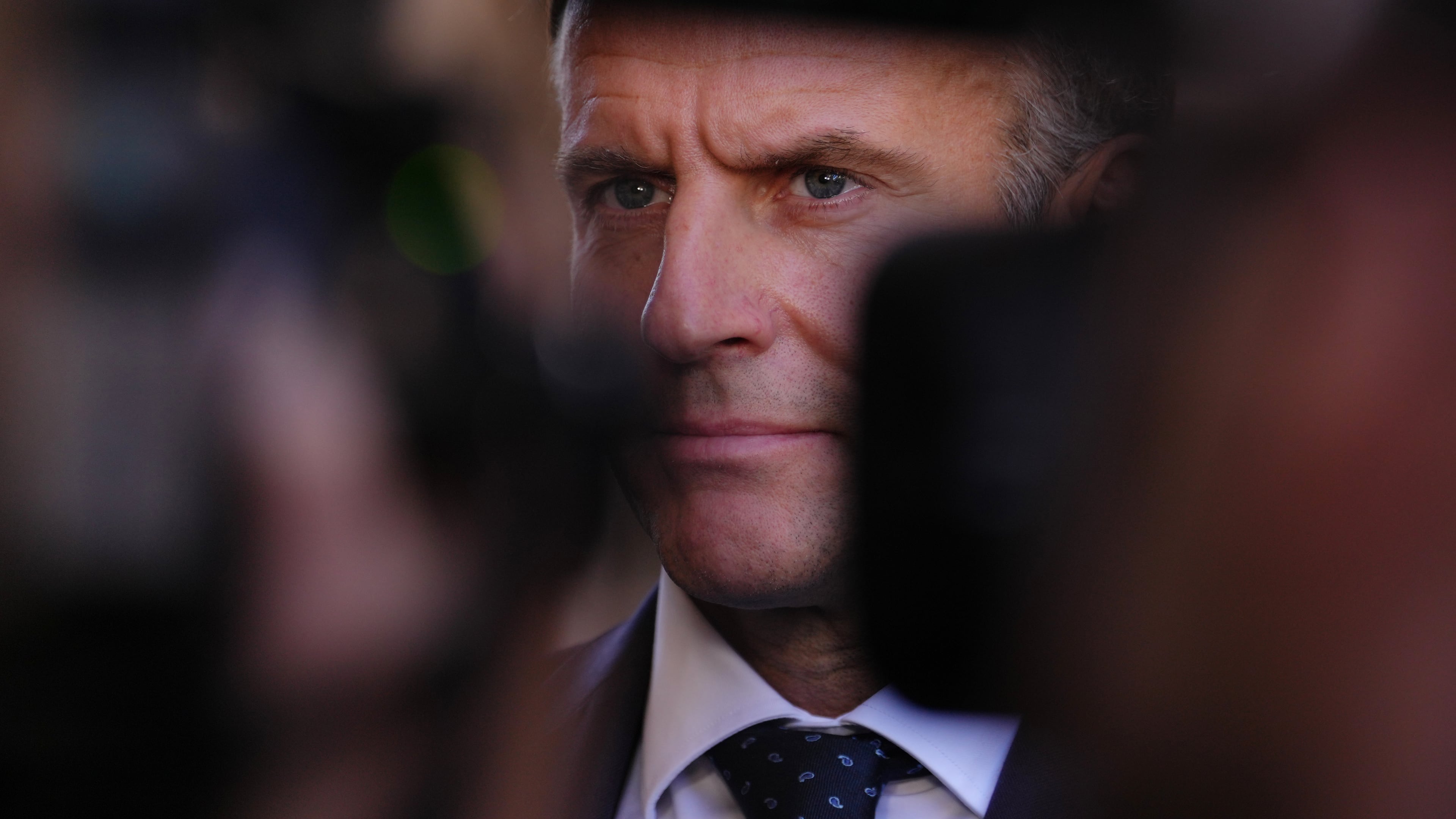 French President Emmanuel Macron addresses the media in Marseille, France, Monday, Oct. 26, 2026. (AP Photo/Aurelien Morissard, Pool)