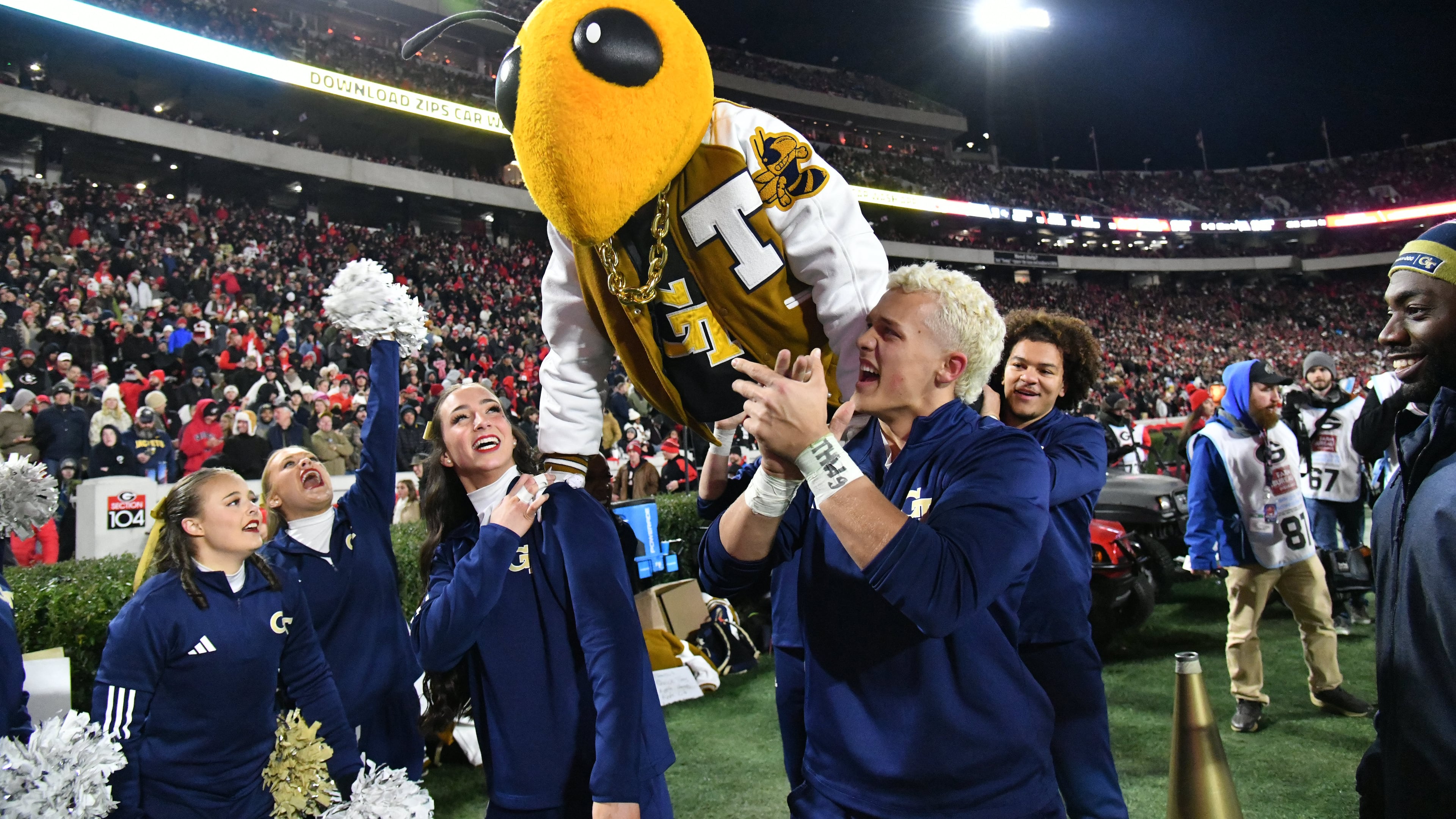 Georgia Tech’s Buzz entertains during the second half in an NCAA football game at Sanford Stadium, Friday, November 29, 2024, in Athens. Georgia won 44-42 in eight overtimes. (Hyosub Shin / AJC)
