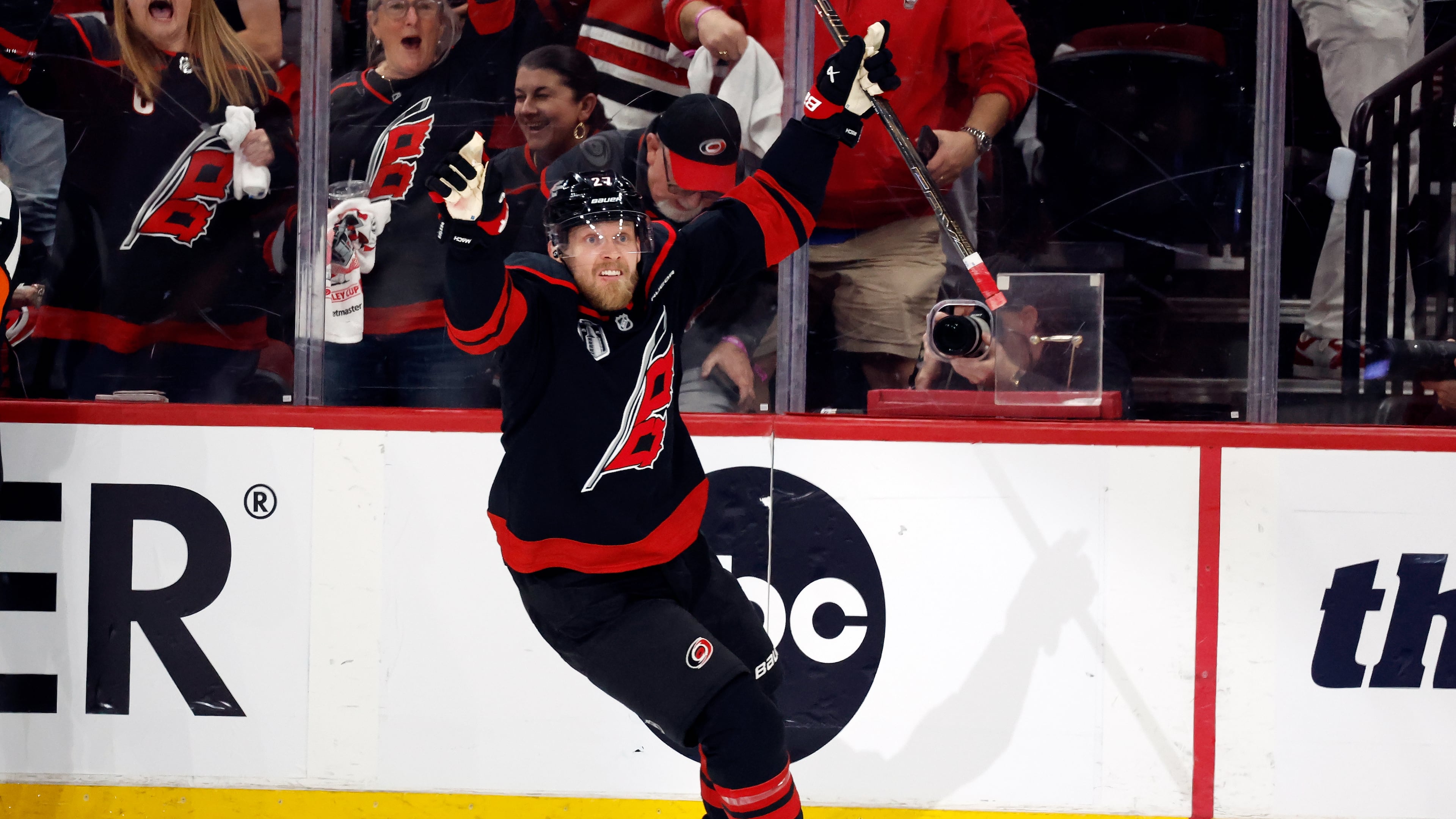 Carolina Hurricanes' Nikolaj Ehlers (27) celebrates his goal during the first period in Game 1 of the NHL hockey Stanley Cup Final series against the Vegas Golden Knights in Raleigh, N.C., Tuesday, June 2, 2026. (AP Photo/Karl DeBlaker)