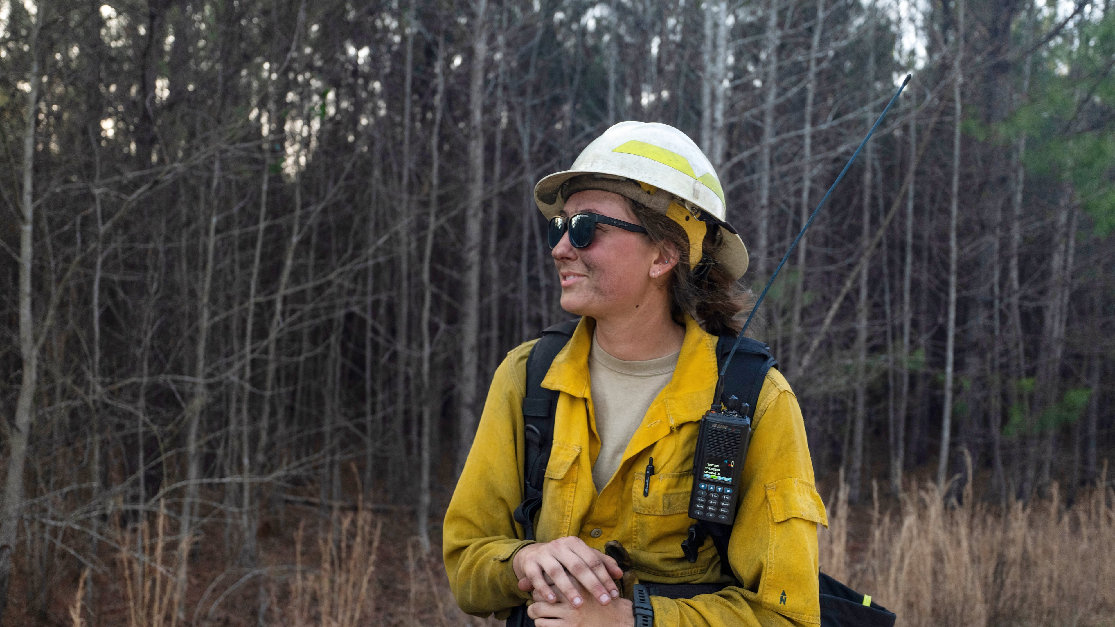 This photo provided by Holly Tuckett shows wildland firefighter Sydney Watson at the North Carolina WRTEX event near Singletary Lake, N.C., on Feb. 27, 2023. (Holly Tuckett via AP)