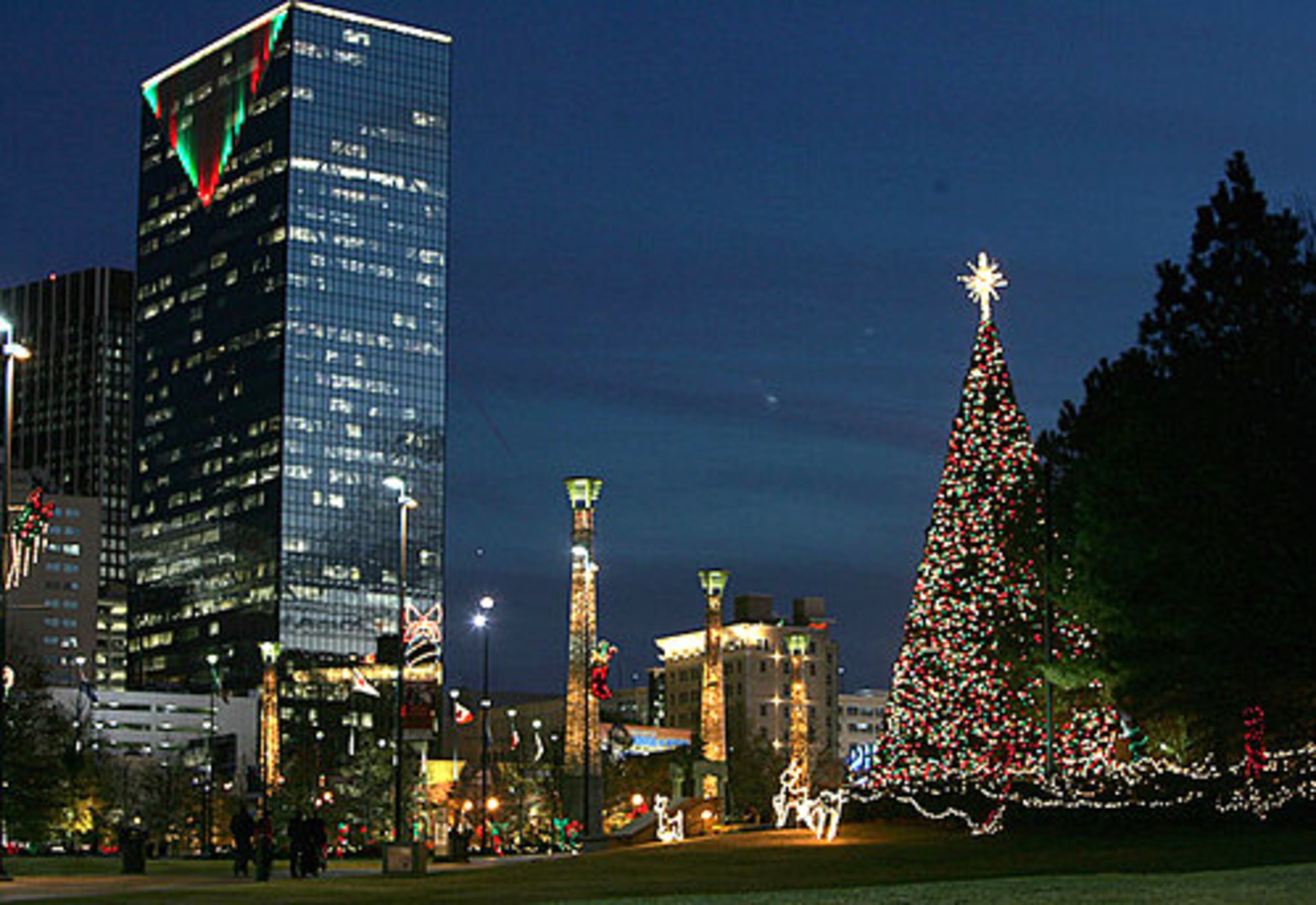 A magnificent view of a portion of Atlanta's skyline and Olympic Park's regal tree.