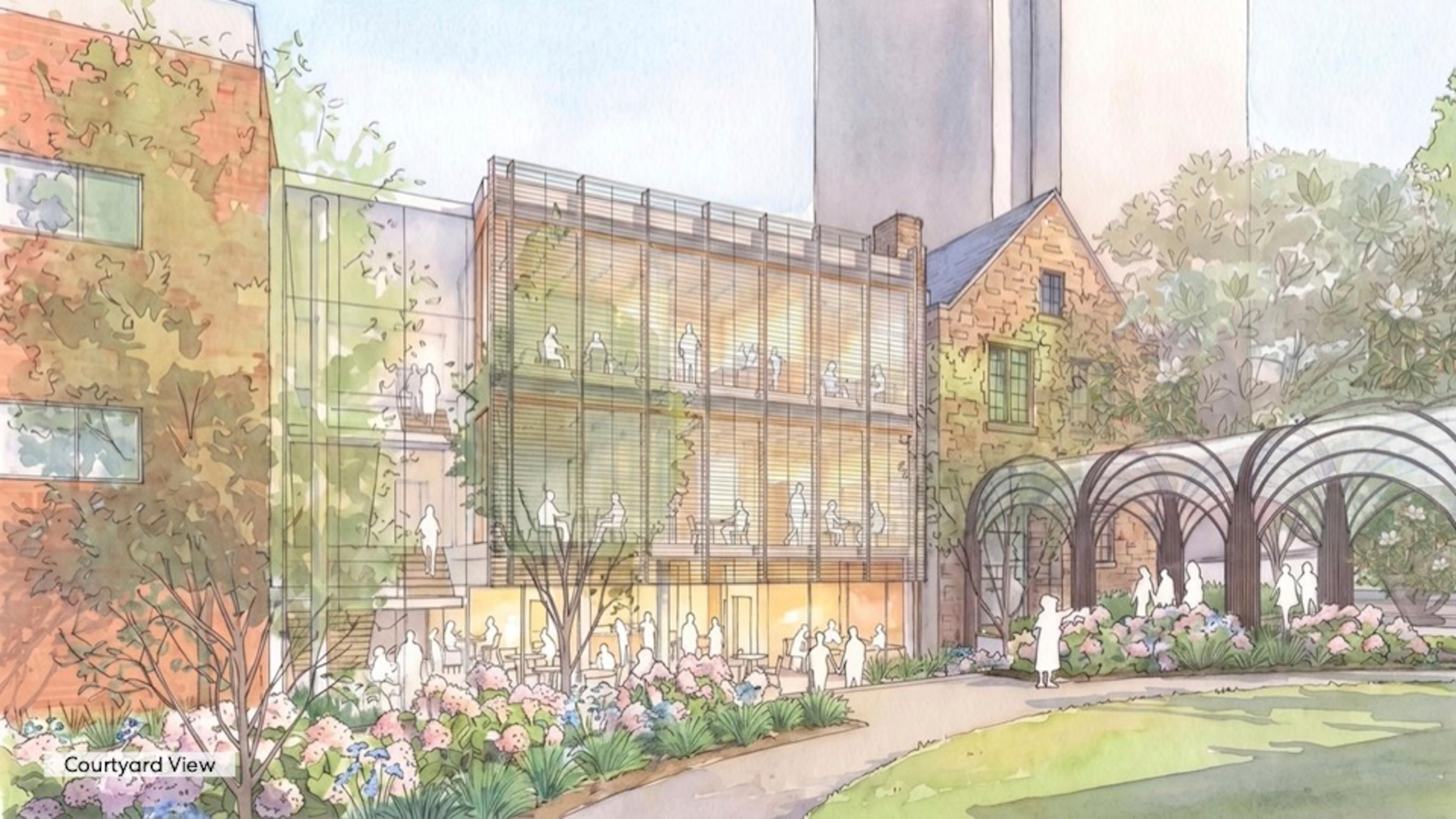 This is a rendering of the planned redevelopment of Egleston Hall at All Saints' Episcopal Church in Atlanta. It highlights the new building's facade alongside the structures being preserved. (Courtesy of All Saints' Episcopal Church)