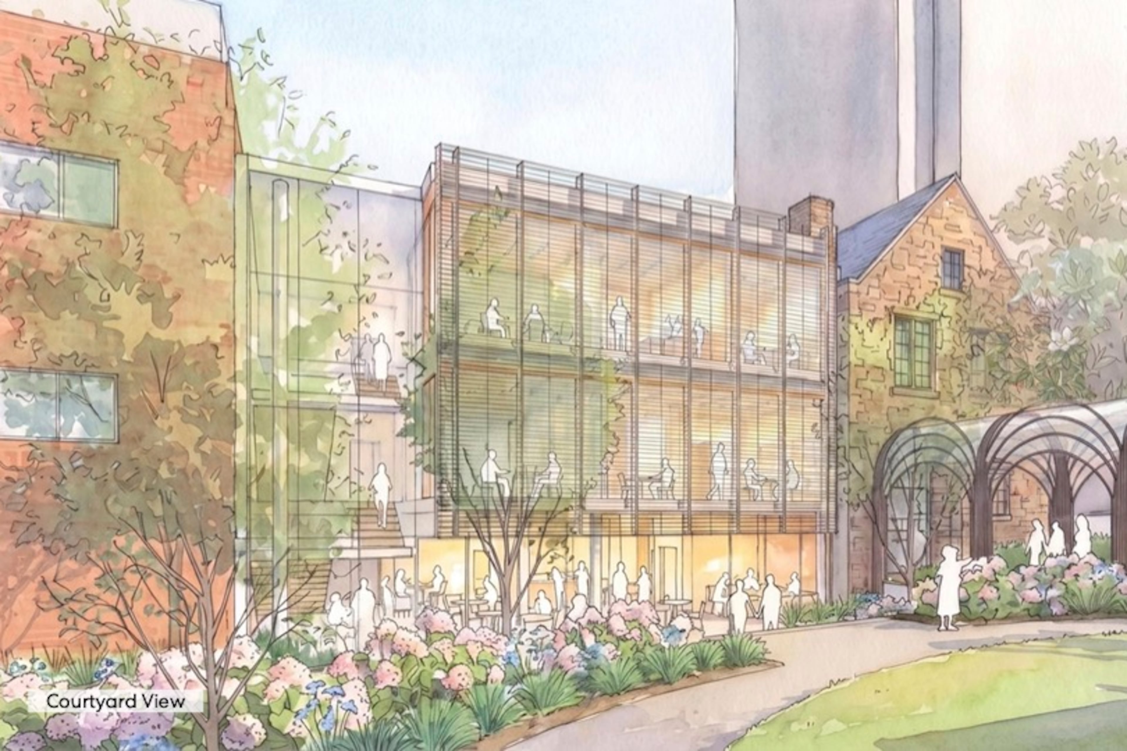 This is a rendering of the planned redevelopment of Egleston Hall at All Saints' Episcopal Church in Atlanta. It highlights the new building's facade alongside the structures being preserved. (Courtesy of All Saints' Episcopal Church)