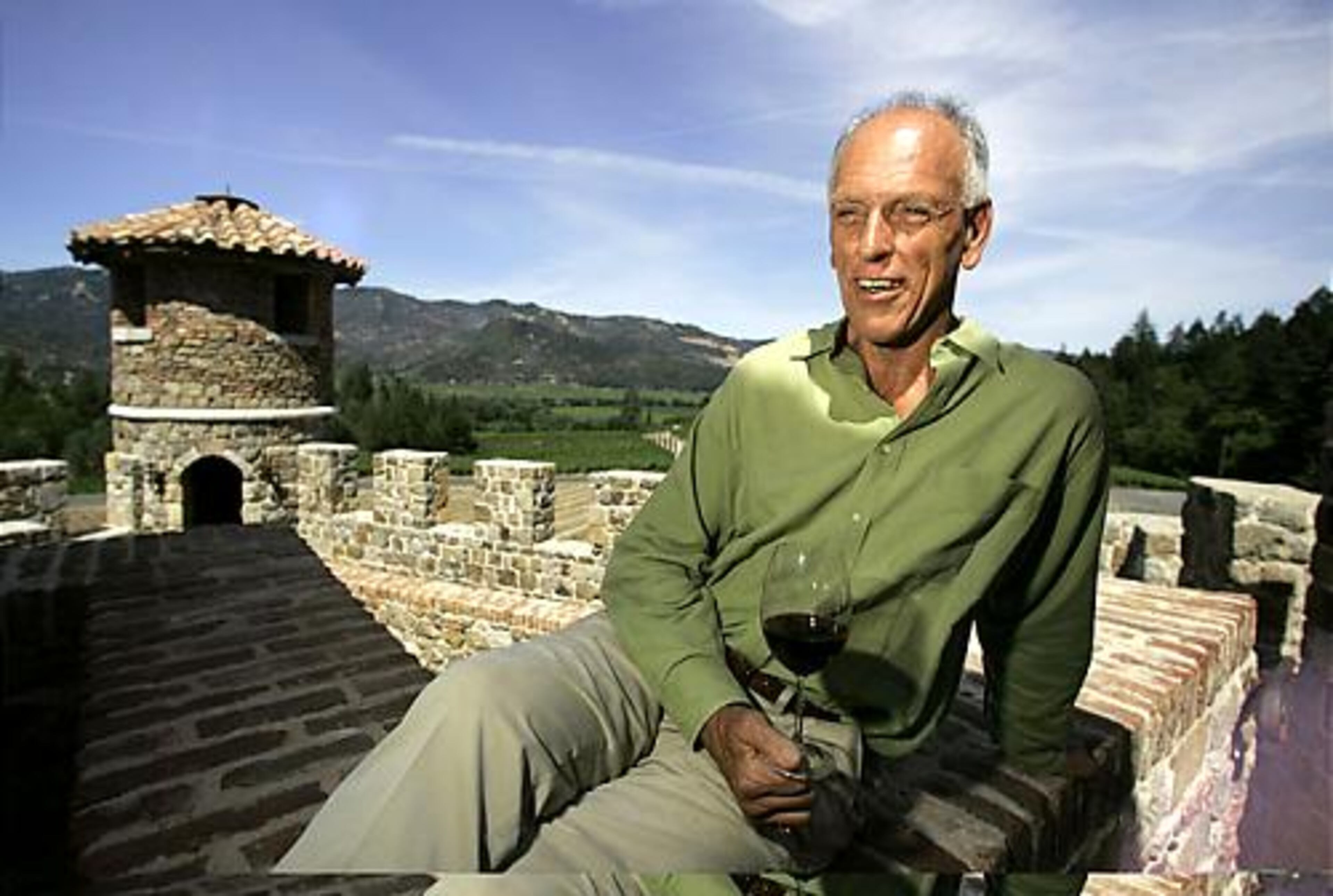 Sattui enjoys a glass of wine at the castle, a 13th-century-style Tuscan castle that sits on Diamond Mountain in California.